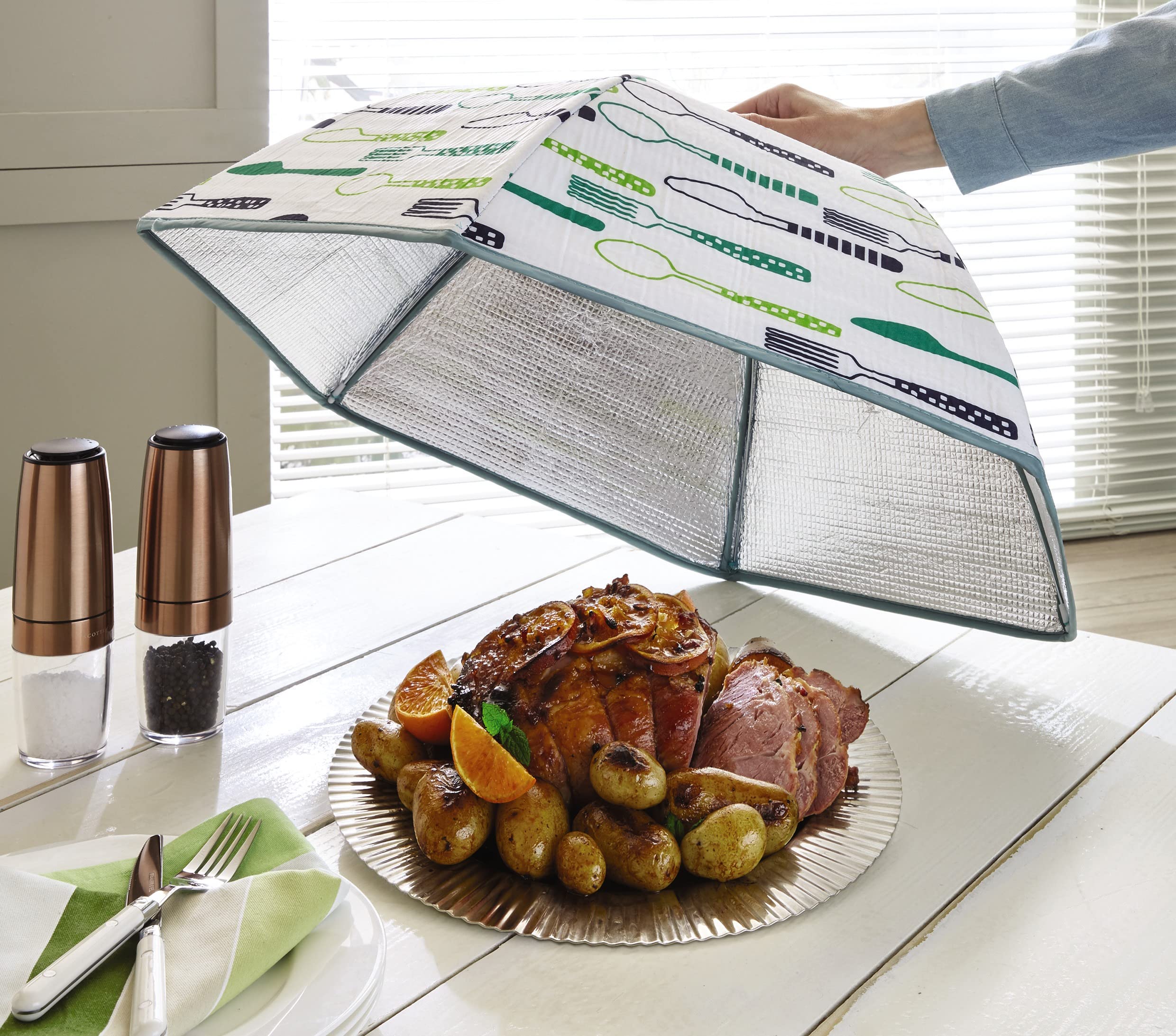 Insulated Food Cover – 70x20cm Foldable Umbrella Protects Food from Insects & Flies and is Ideal for Indoor Outdoor Dining, Picnics, BBQ’s, Parties – Foil Lining Keeps Cold Food Cold & Hot Food Hot