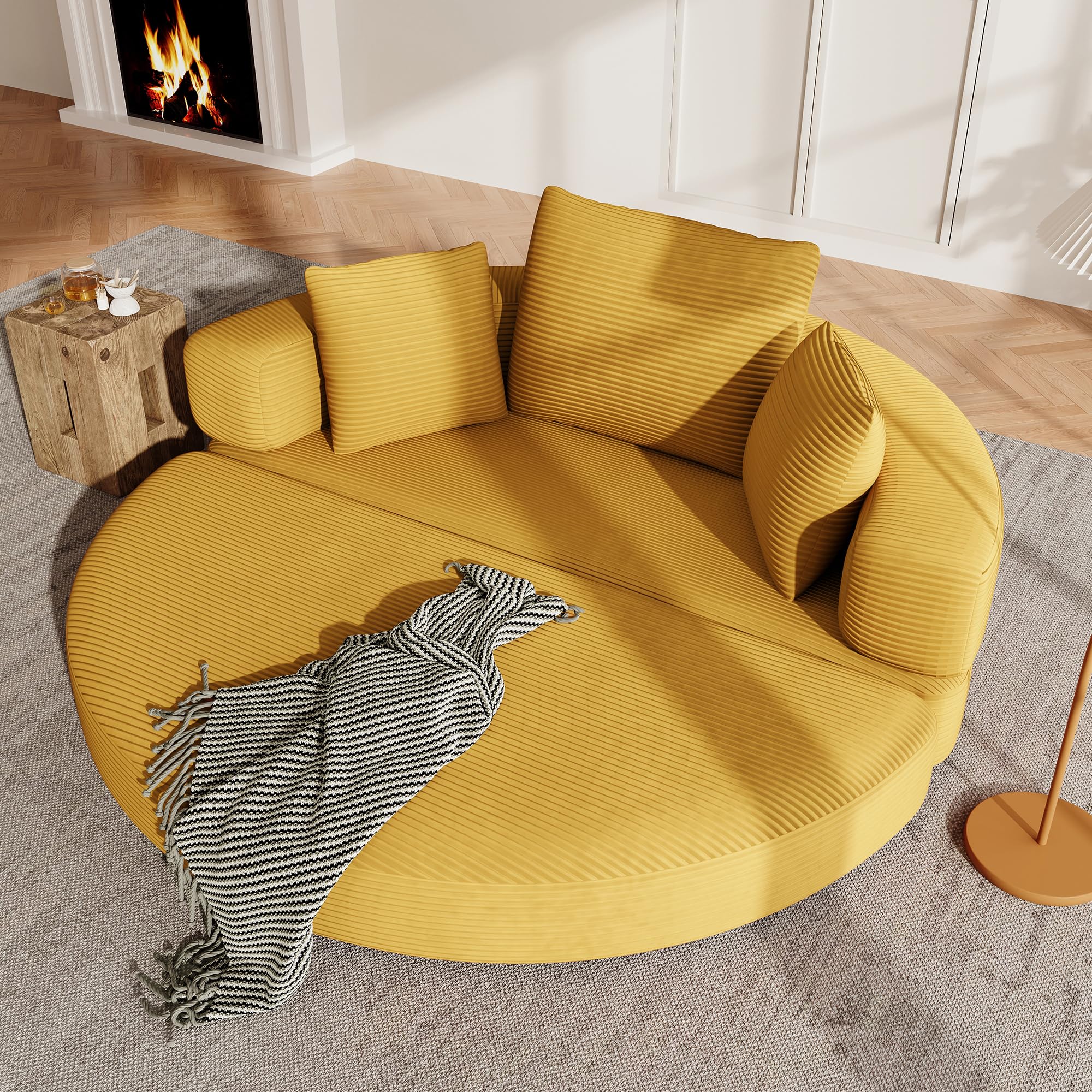 Sofá cama plegable multifuncional (Boneless Sofá) – Cama ovalada con cojines, sofá modular, funda de pana (173 x 176 cm), adecuado para apartamentos, salones, dormitorios (amarillo)