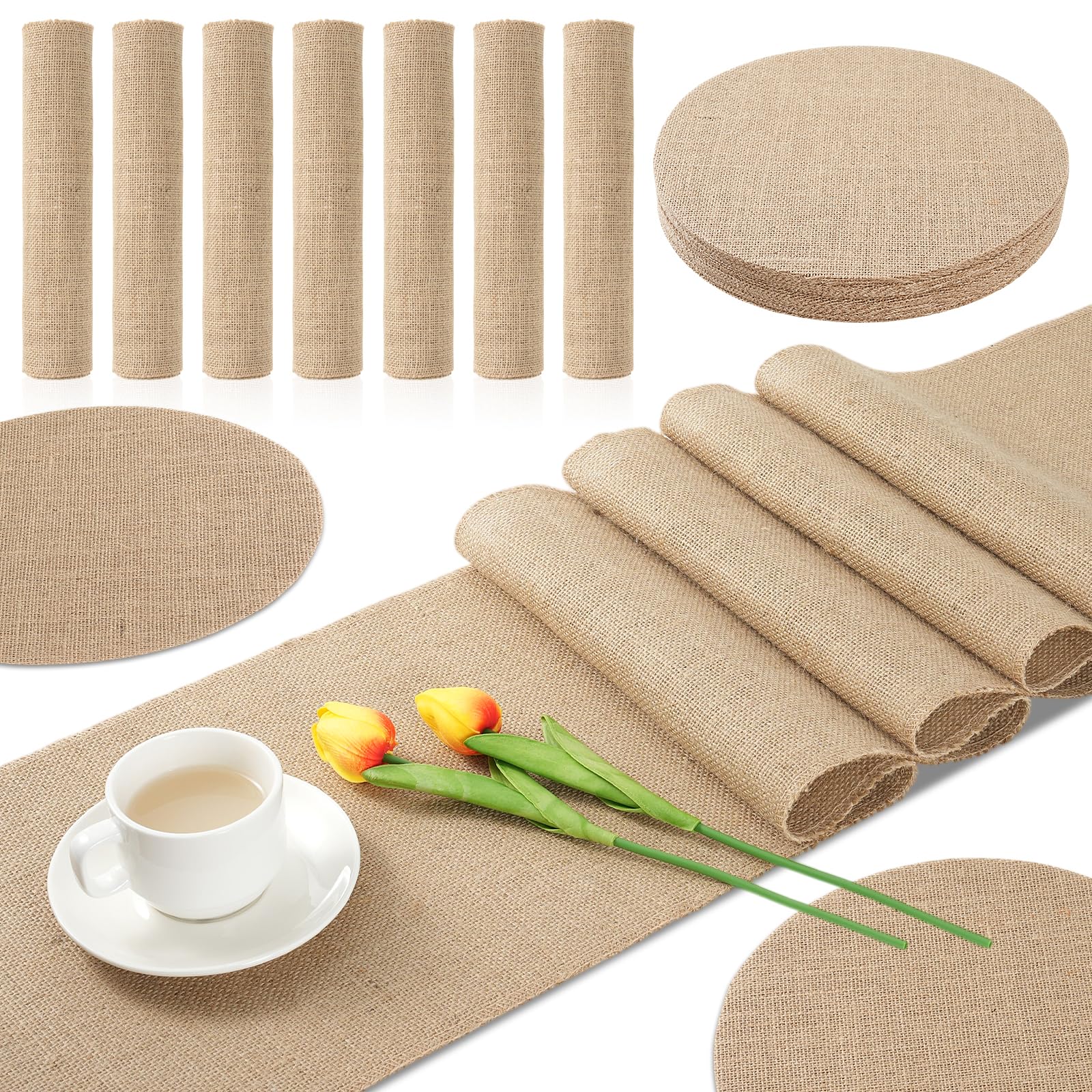 42PCS Burlap Placemats and Table Runners Set, 36 Round Jute Placemats and 6 Rustic Burlap Table Runners, 12"x71" Natural Linen Table Decor for Rustic Wedding, Farmhouse Party, Thanksgiving