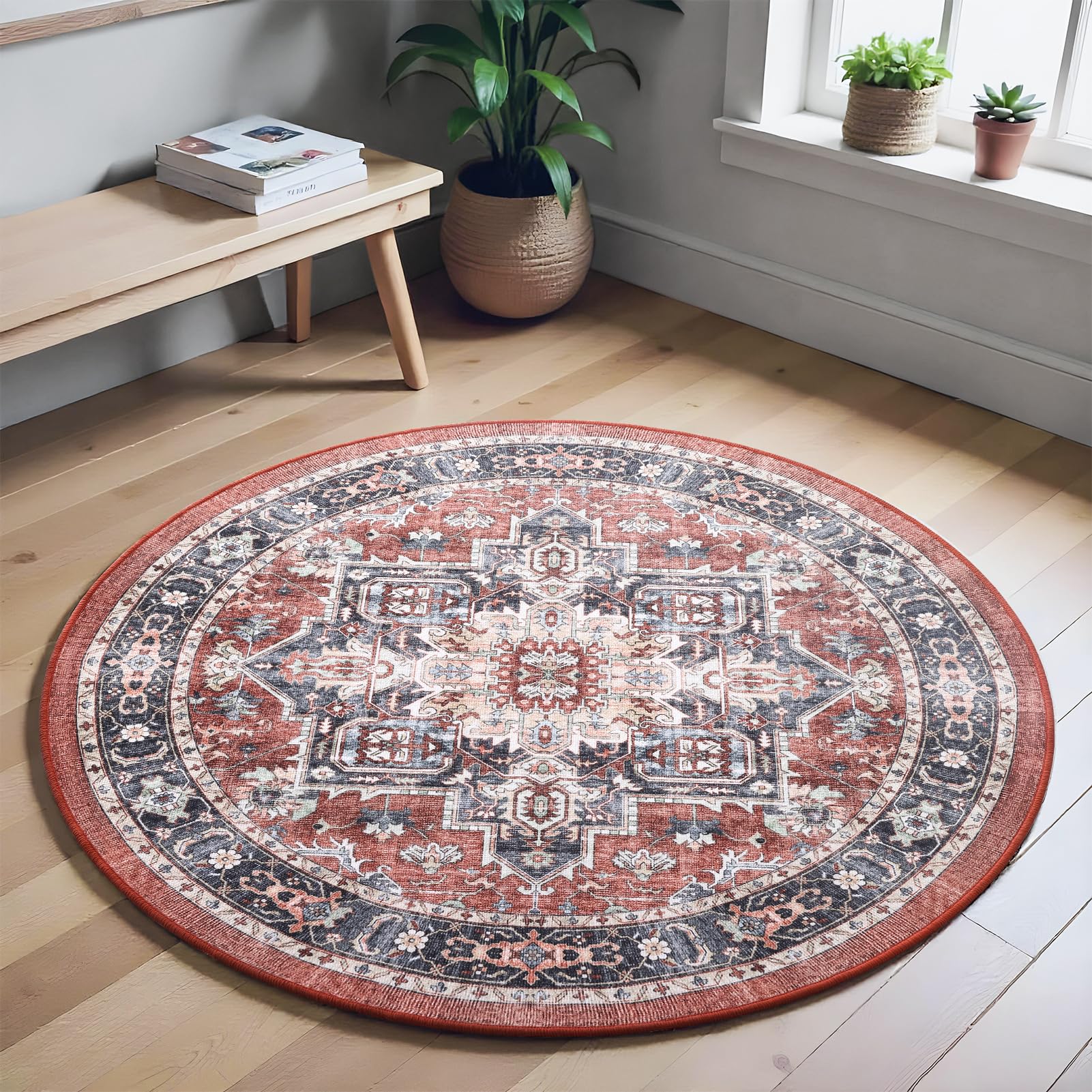 Carvapet Lavabile Tappeto Rotondo 120cm Antiscivolo Sottile Rosso Tappeto a Cerchio Salotto Cameretta Soggiorno Medaglione Retrò Stampato Tappeti di Zona