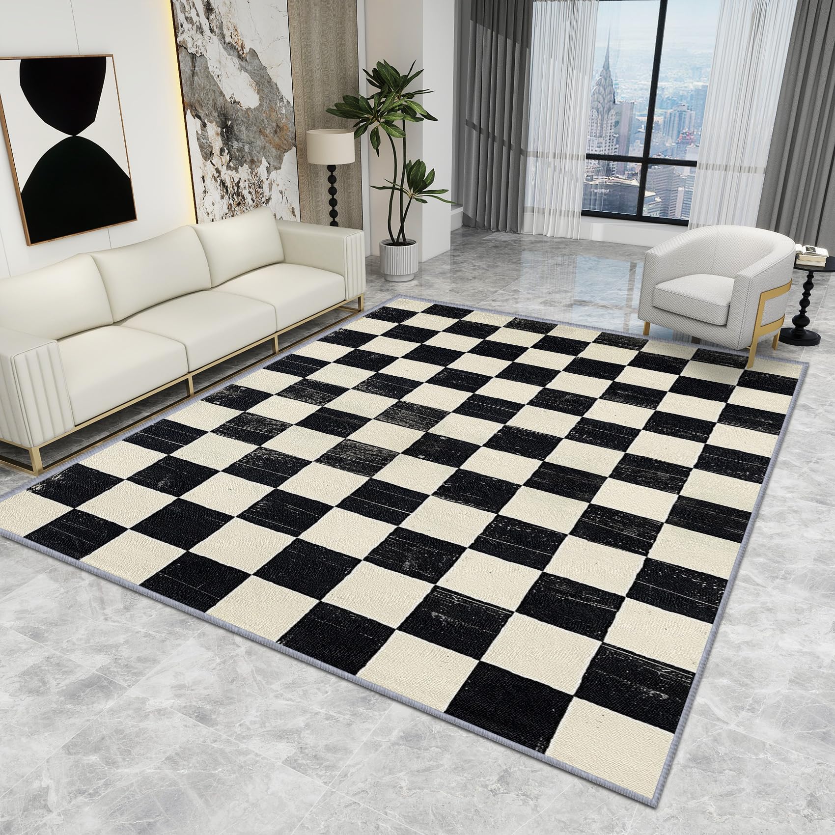 Checked Rug Black and White - Checkerboard Rug - Vintage Geometric Checked Rugs, Retro Abstract Carpet, Washable Rug Non Slip Low Pile Soft Large Area Rugs, Checkerboard Home Decor Gifts, 160 X 230 cm