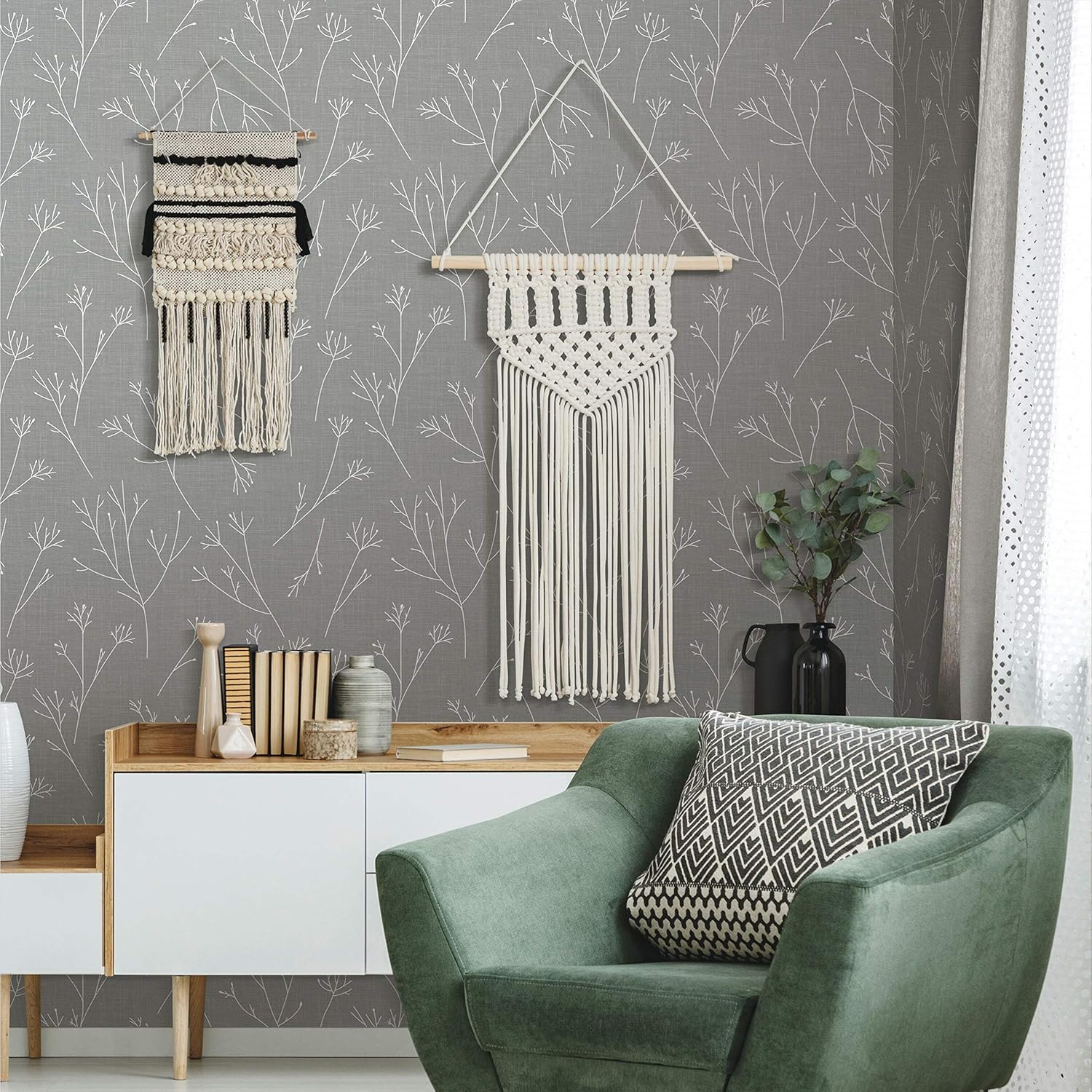 RoomMates Gray and White Twigs Peel and Stick Wallpaper, Removable Self-Adhesive Wallpaper Roll, 20.5 in x 16.5 ft