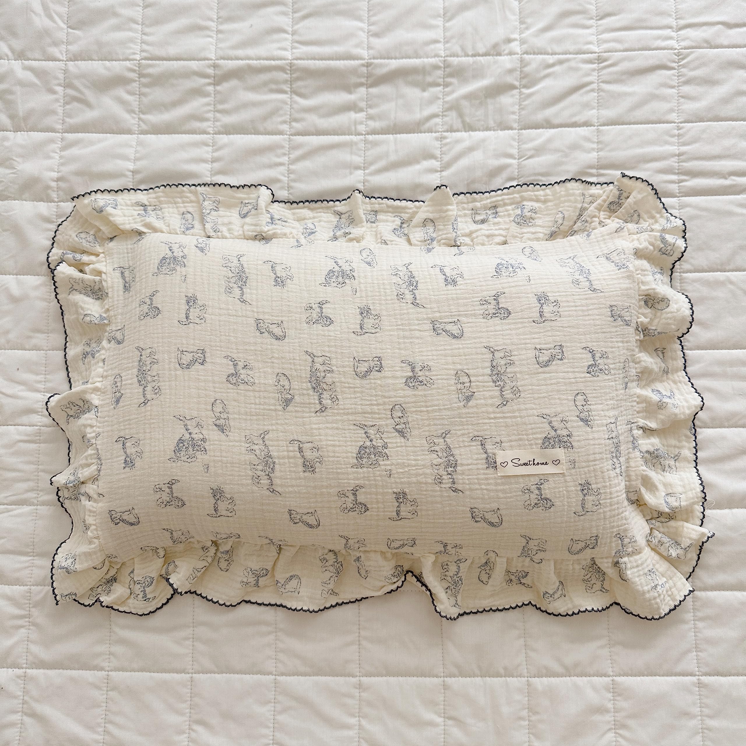 AOJIM Muslin Cotton Kids Pillowcase with Cute Cat Patterns, Super Soft Crib Nursery Pillowcase 1PC for Boys Girls, Ruffled Edges Toddler Bedding for Room Decor, Machine Washable, 14x20 Inches — image 1