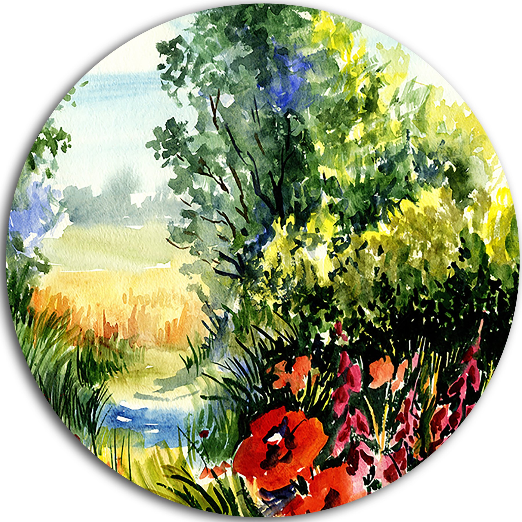 Designart Watercolor Landscape with Flowers Landscape Round Wall Art, 23 x 23, Green/Red