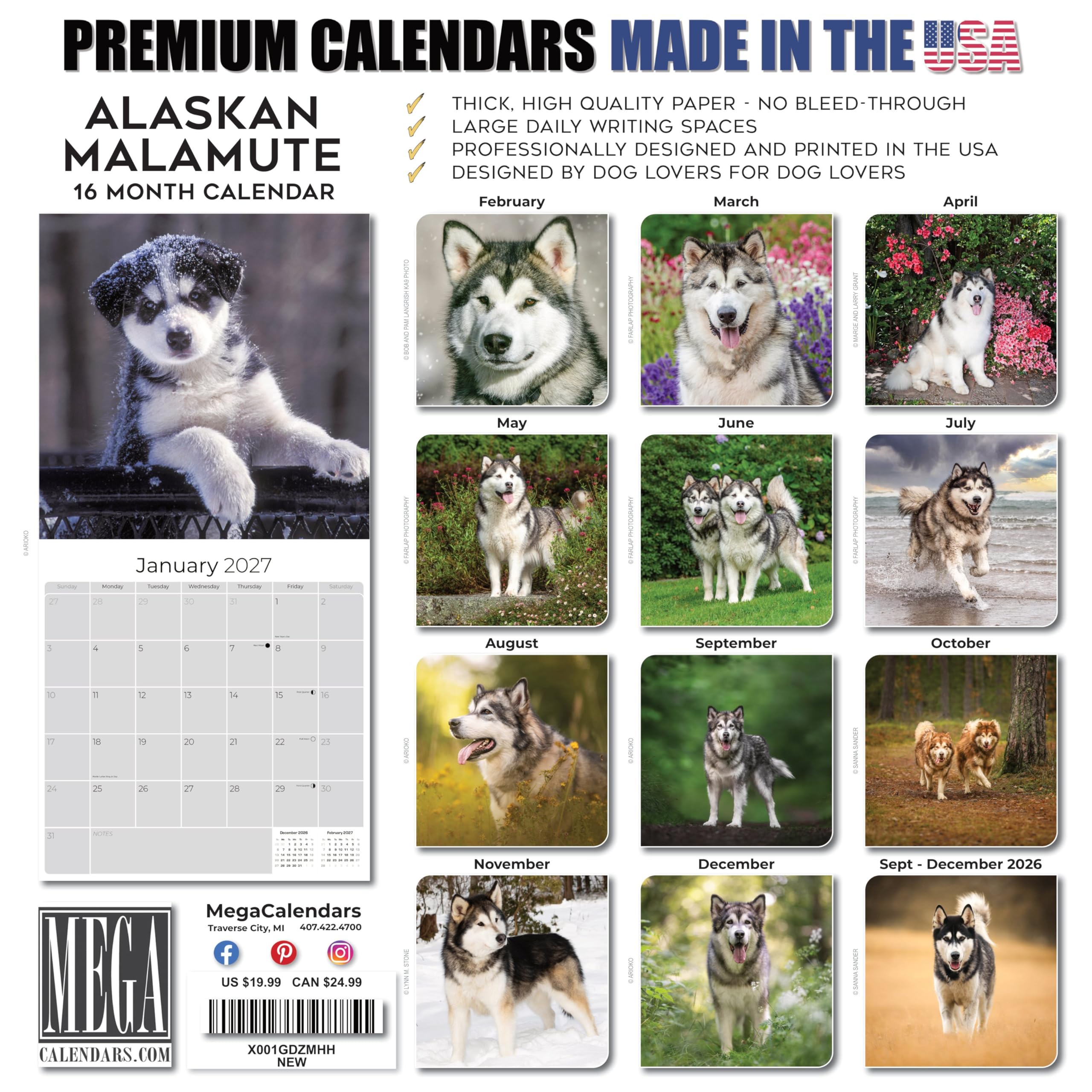 Alaskan Malamute Kalender 2027, 16-Monats-Wandkalender 2026 2027, Geschenk für Hundeliebhaber, dickes 100# Papier, große Schreibblöcke, hergestellt in den USA, Schlittenhund, Dekoration