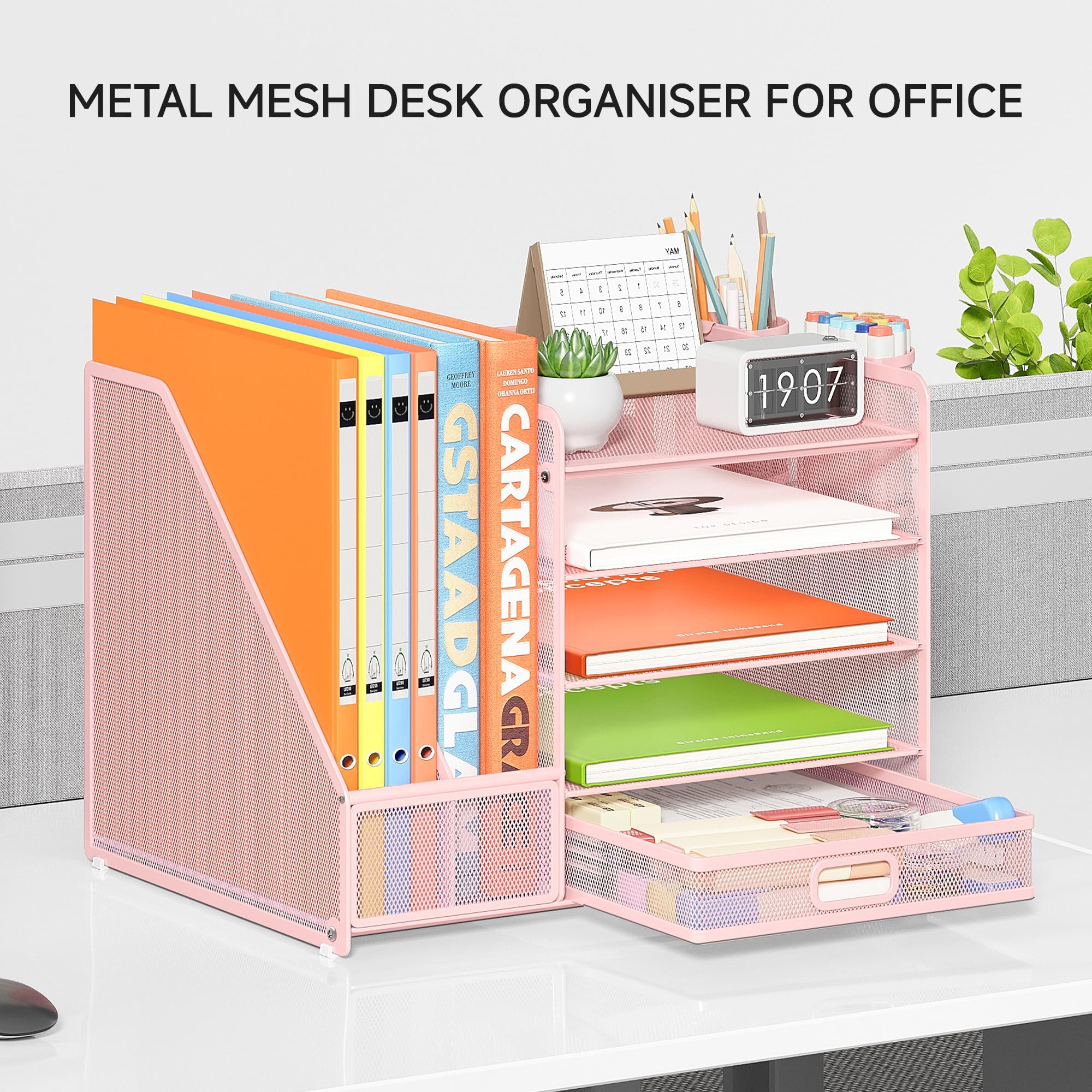 VITVITI Organizer Scrivania, 5 Livelli Portadocumenti con 2 Portariviste, Ufficio Accessori con 2 Portapenne, Organizer Ufficio con Cassettiera, Accessori Scrivania per Riviste, Casa, Scuola (Rosa)