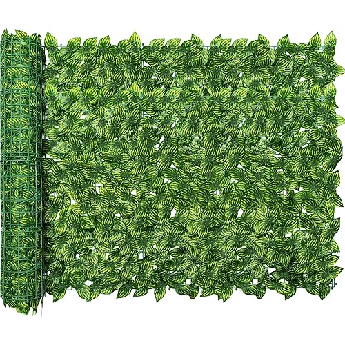 Jinwu Artificial Ivy Privacy Fence Screen, 39.4x118 Inch Artificial Faux Ivy Hedge, Expandable Faux Privacy Fence with 80 pcs Zip Ties Decoration for Outdoor Garden, Color Printing Watermelon Leaves
