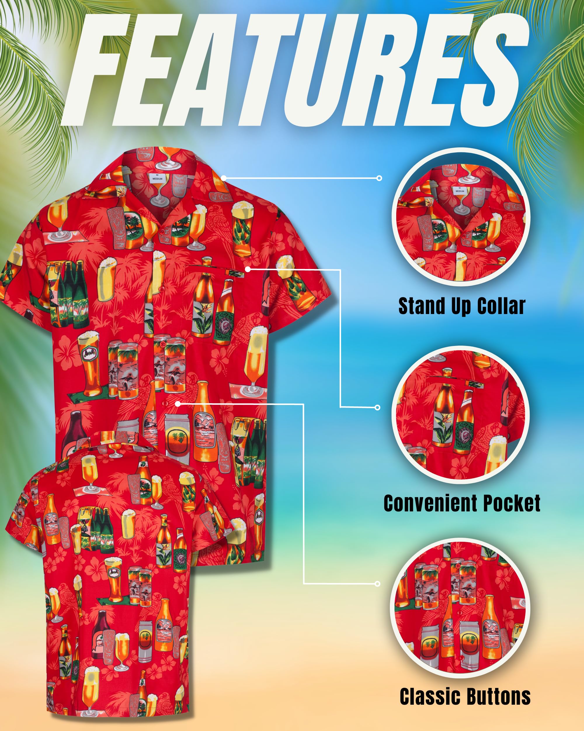 REDSTAR Men’s Hawaiian Shirt Short Sleeve Button-Down Funny Beer Print Casual Party Shirt for Summer, Lightweight Comfortable Fit, Ideal for Holidays, Beach Wear and Festivals