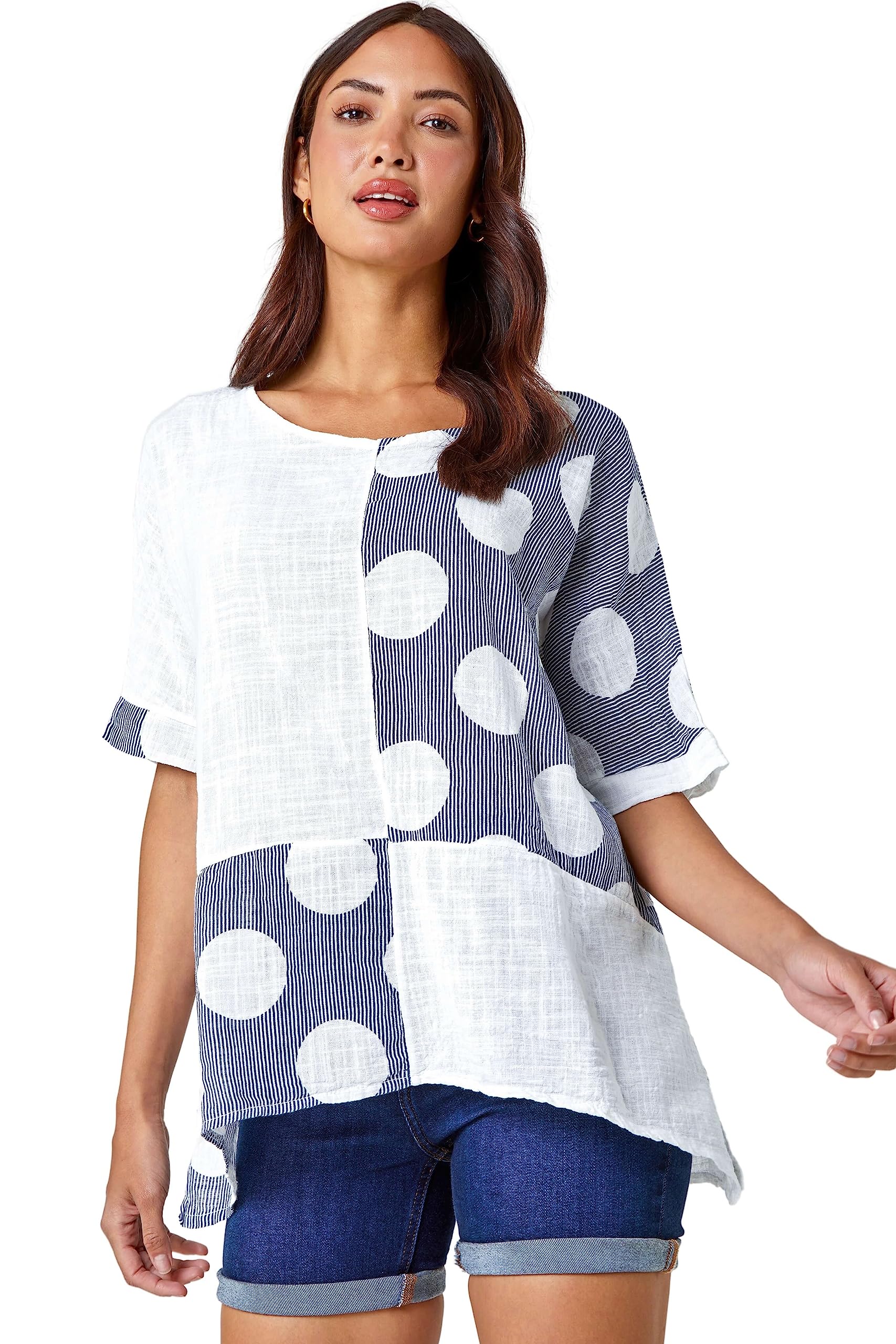 Roman Originals Women's Ivory Spot Print Oversized Cotton Tee For Uk - Everyday Holiday Spring Summer Round Neckline Comfy Soft Evening Vacation Work Party - Medium