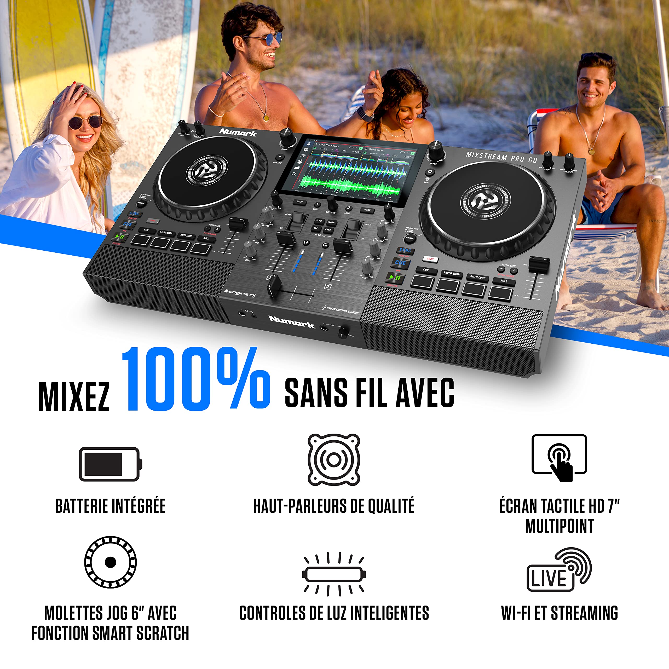 Numark Mixstream Pro Go contrôleur DJ portable à batterie, mixeur avec séparation Stems, haut-parleurs, Wi-Fi, écran tactile, compatible Serato DJ