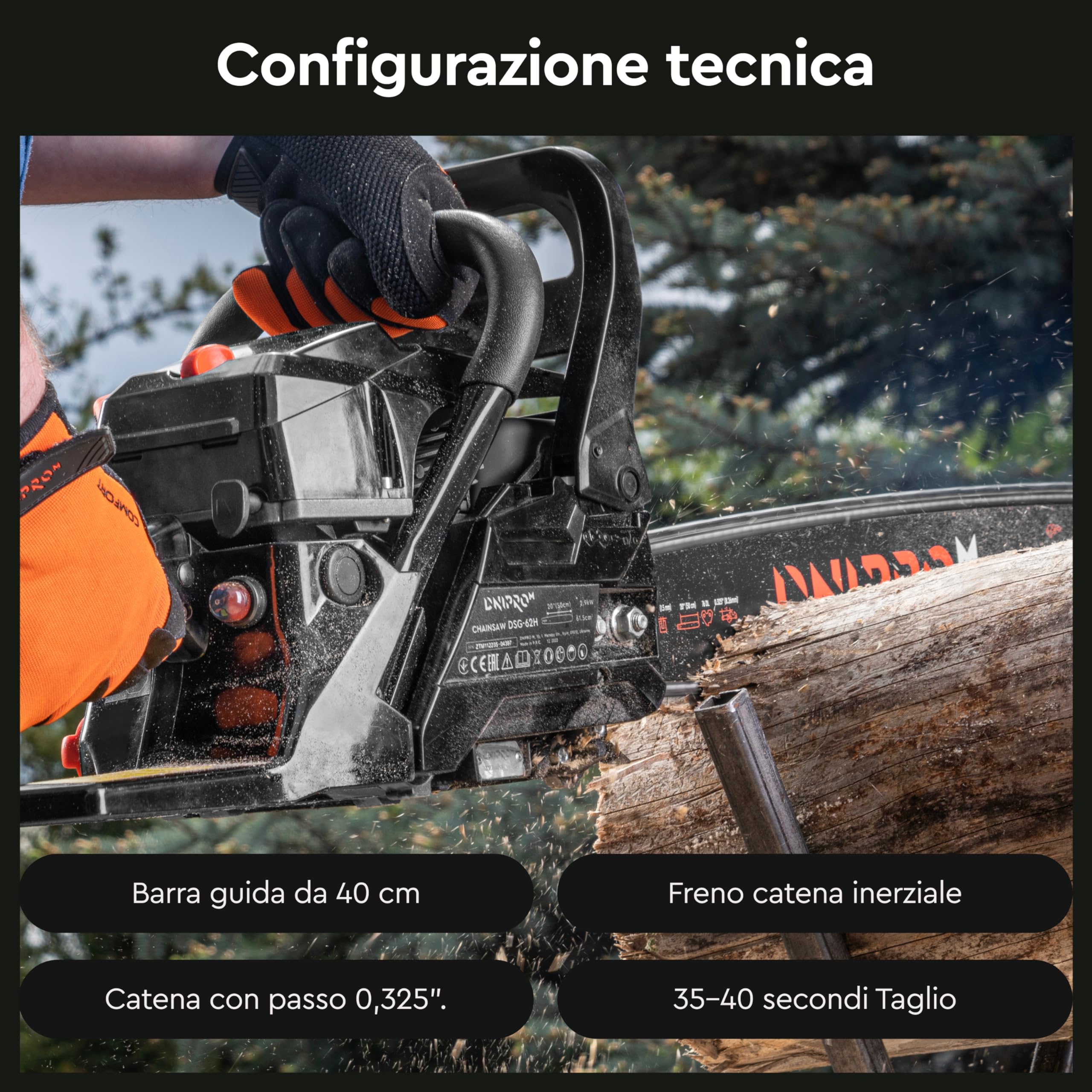Motosega a Scoppio 45cc, Motore 2 Tempi 1.8 kW (2.4 HP), Barra Professionale 40cm (16"), Sistema Easy Start, Antivibrazione, Sega per Taglio Legna - DSG-45H