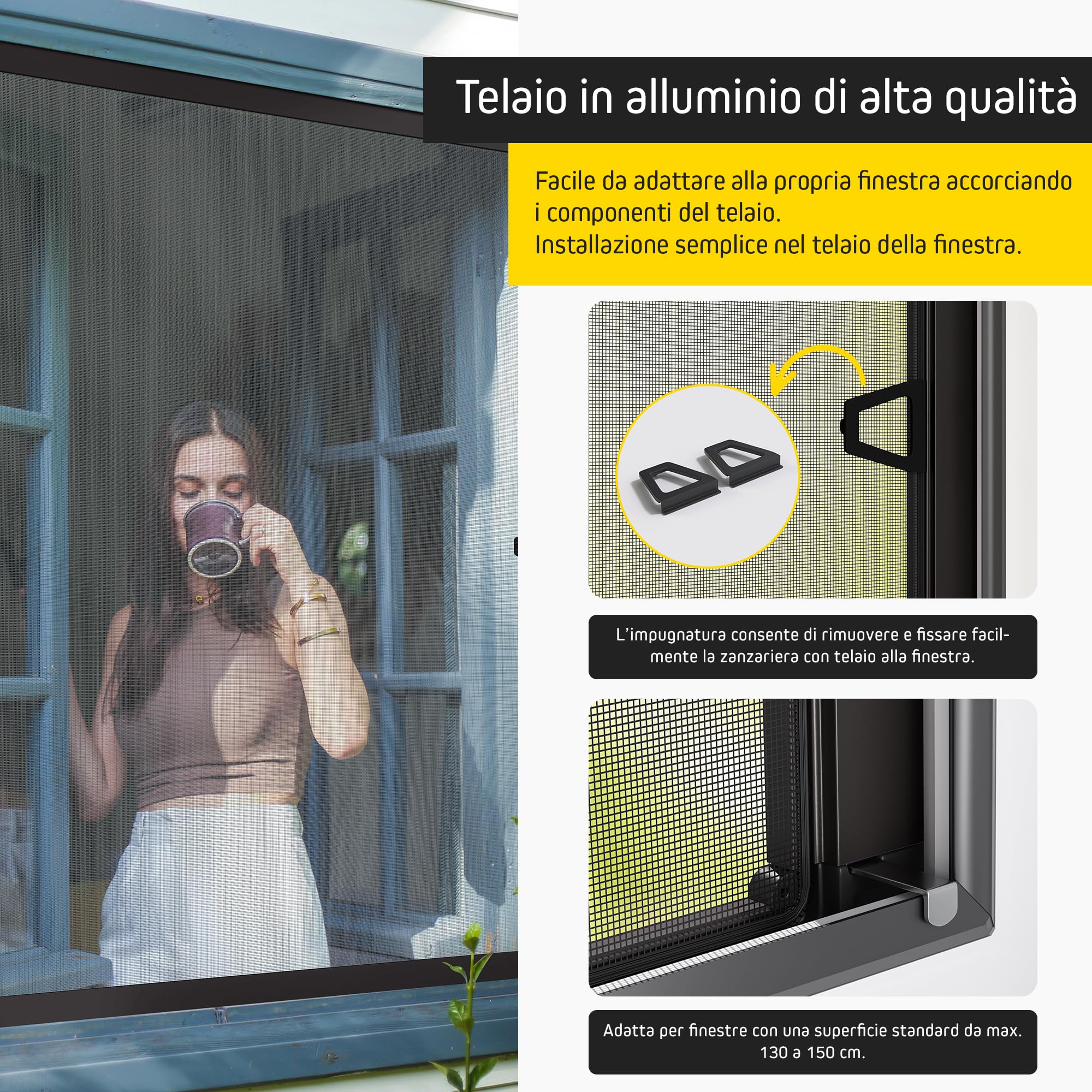 Jalousiescout Protectline Zanzariera per Finestre, Telaio in Alluminio, Rete in Fibra di Vetro, Facile Installazione, Regolabile, Protezione contro le Zanzare, 130 x 150 cm, Antracite-Marrone