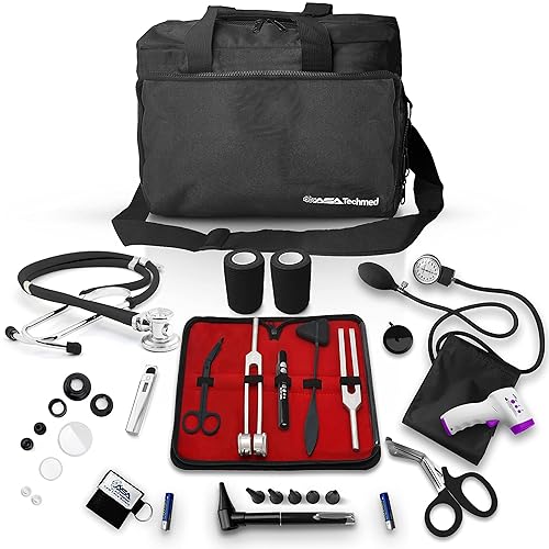 ASA TECHMED Kit básico de enfermería para el trabajo, estetoscopio, monitor de presión arterial, otoscopio, diapasones y más. Kit médico de 18