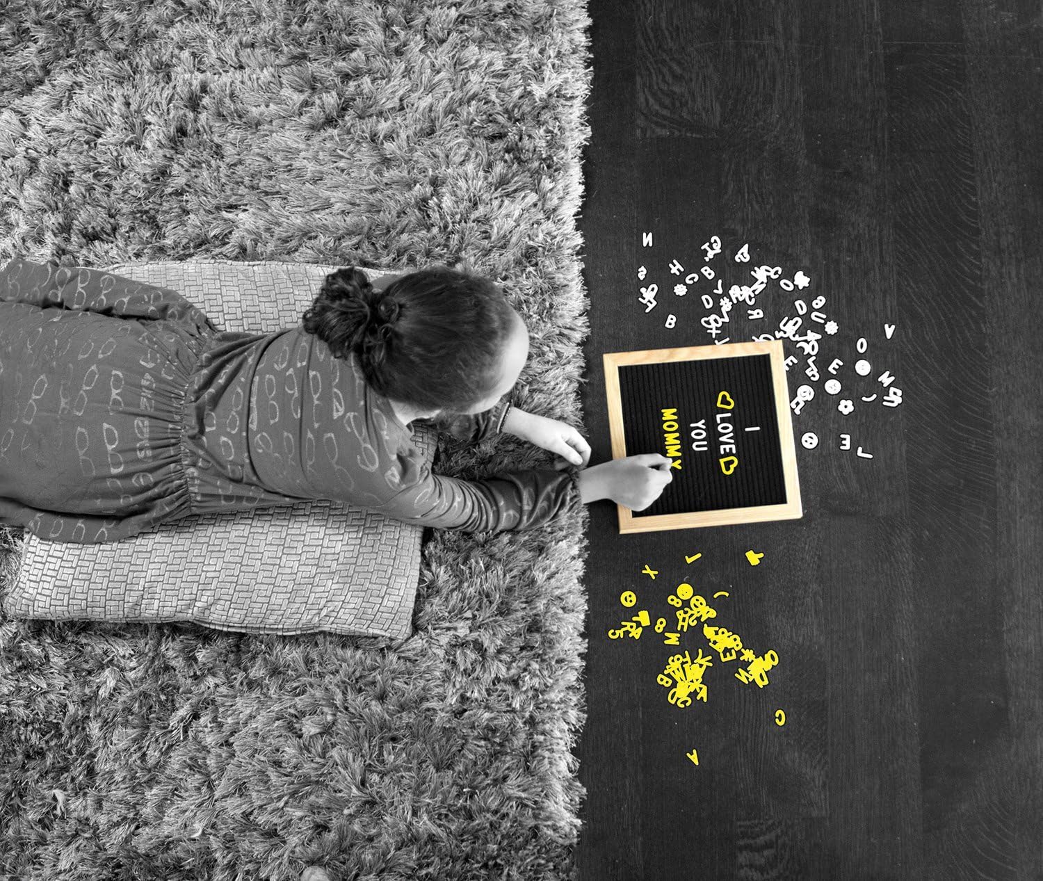 Liphontcta Felt Letter Board Set: Black Message Board in Solid Oak Frame, 10" x 10" with 702 Letters (362 Bright Yellow & 340 White), Adjustable Wood Easel Stand, Precision Scissors & 2 Zippered Storage Pouches