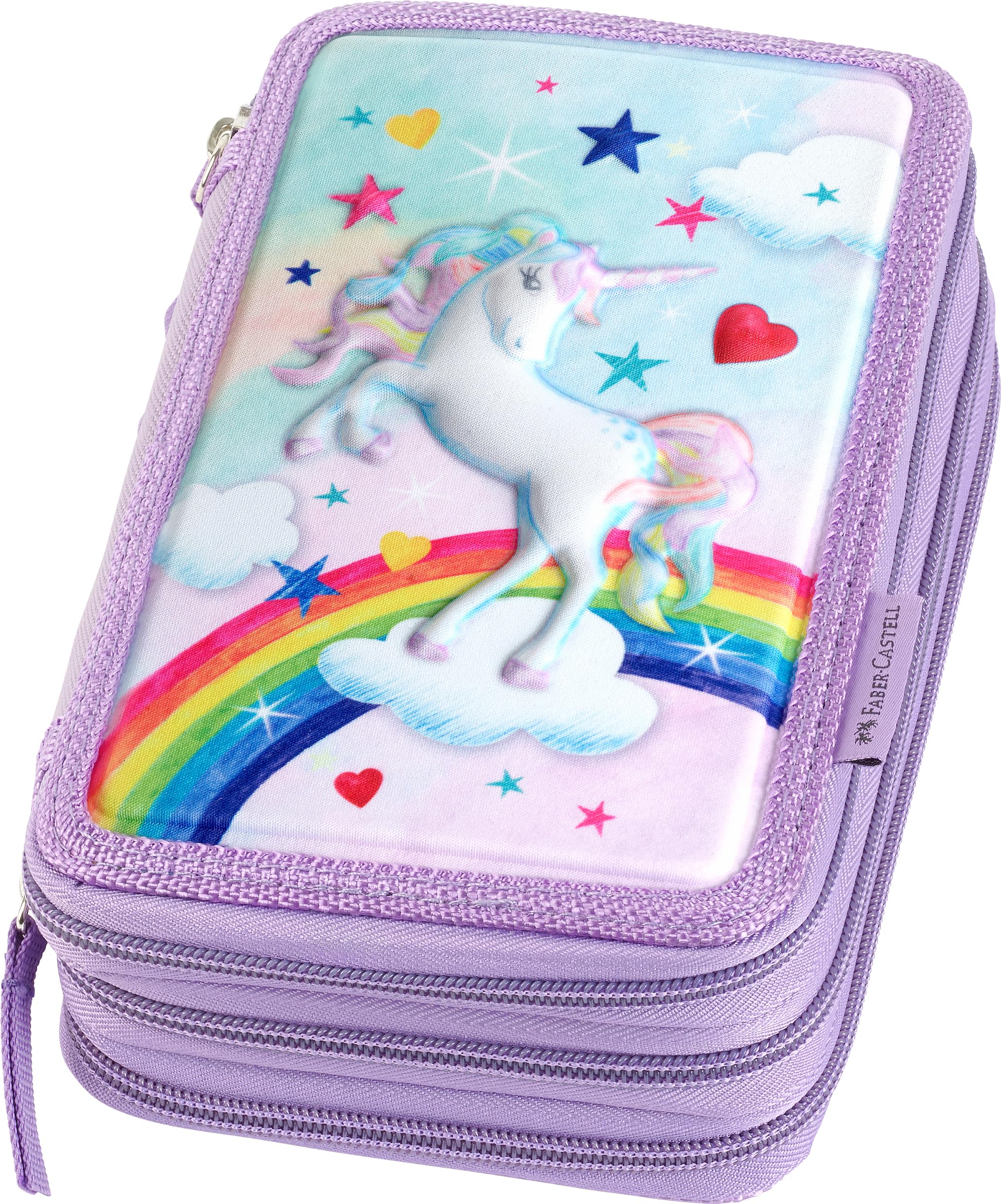 Faber-Castell - Triple Decker Empty Pencil Case with 3 Compartments with Lots of Storage Space and Wallet, for School and Everyday Use, Purple, 20x13x7 cm, Unicorn