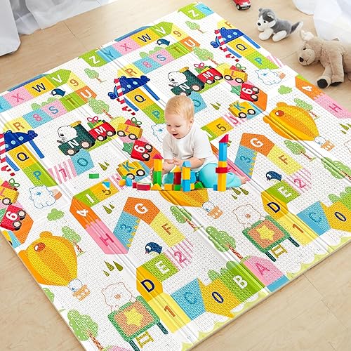 Mergren - Tapete de juego plegable de espuma para bebé, reversible, impermeable, antideslizante, para interiores y exteriores, extra grande (79 x 71