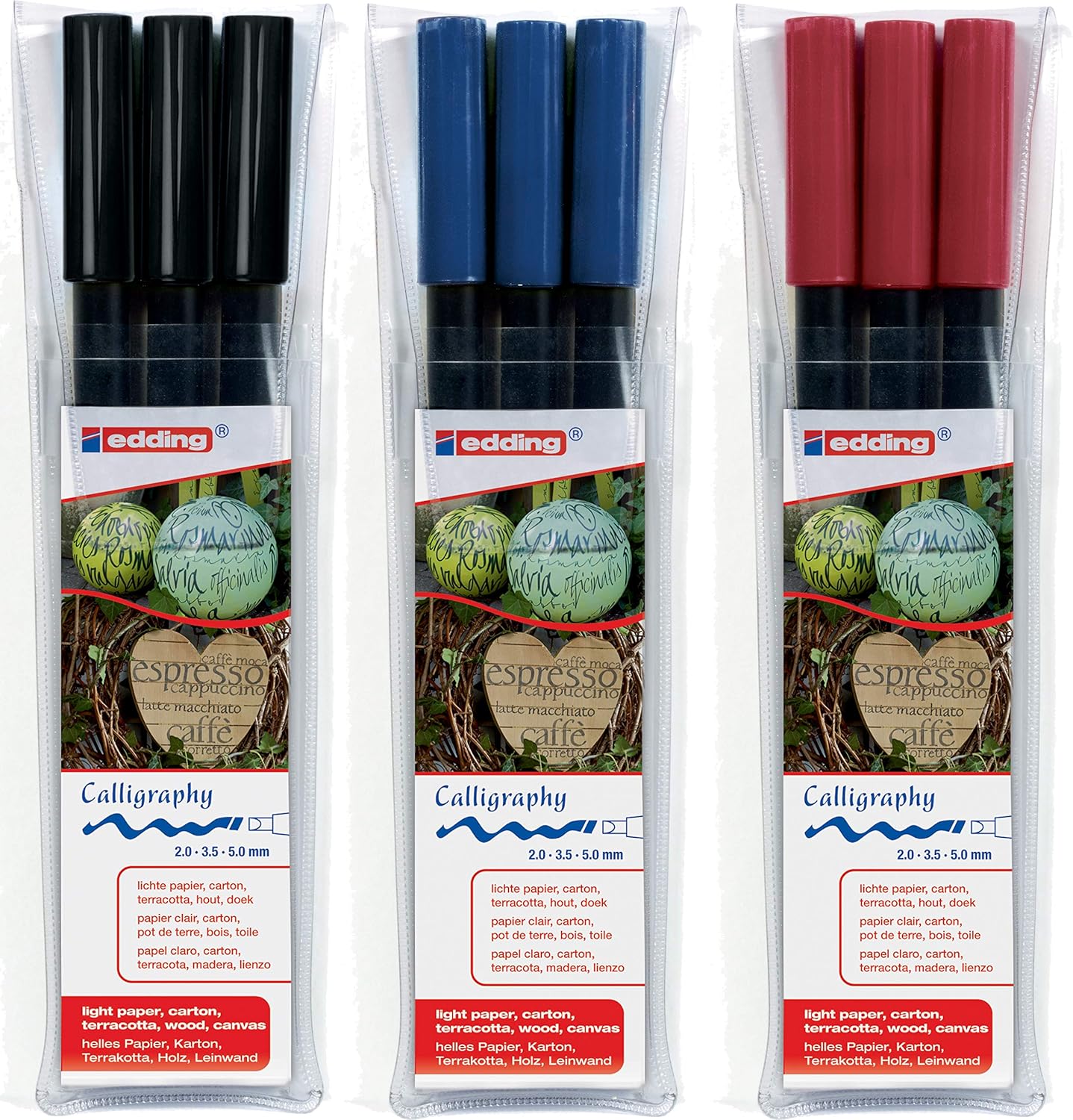 Le feutre de calligraphie edding 1255 convient pour peindre la terre cuite (terracotta) et est disponible en trois sets de 3. Chaque set a une couleur différente et contient 3 feutres avec une largeur de trait différente.