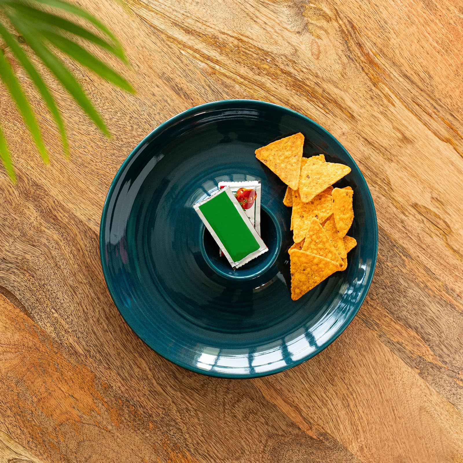 ExclusiveLane 'Teal Forest' Ceramic Chip and Dip Platter Ceramic (Microwave Safe, 40 ML, Hand-Glazed)|Ceramic Serving Platters for Snacks Chip and Dip Plate Ceramic Platters Chip Dip Plate Ceramic