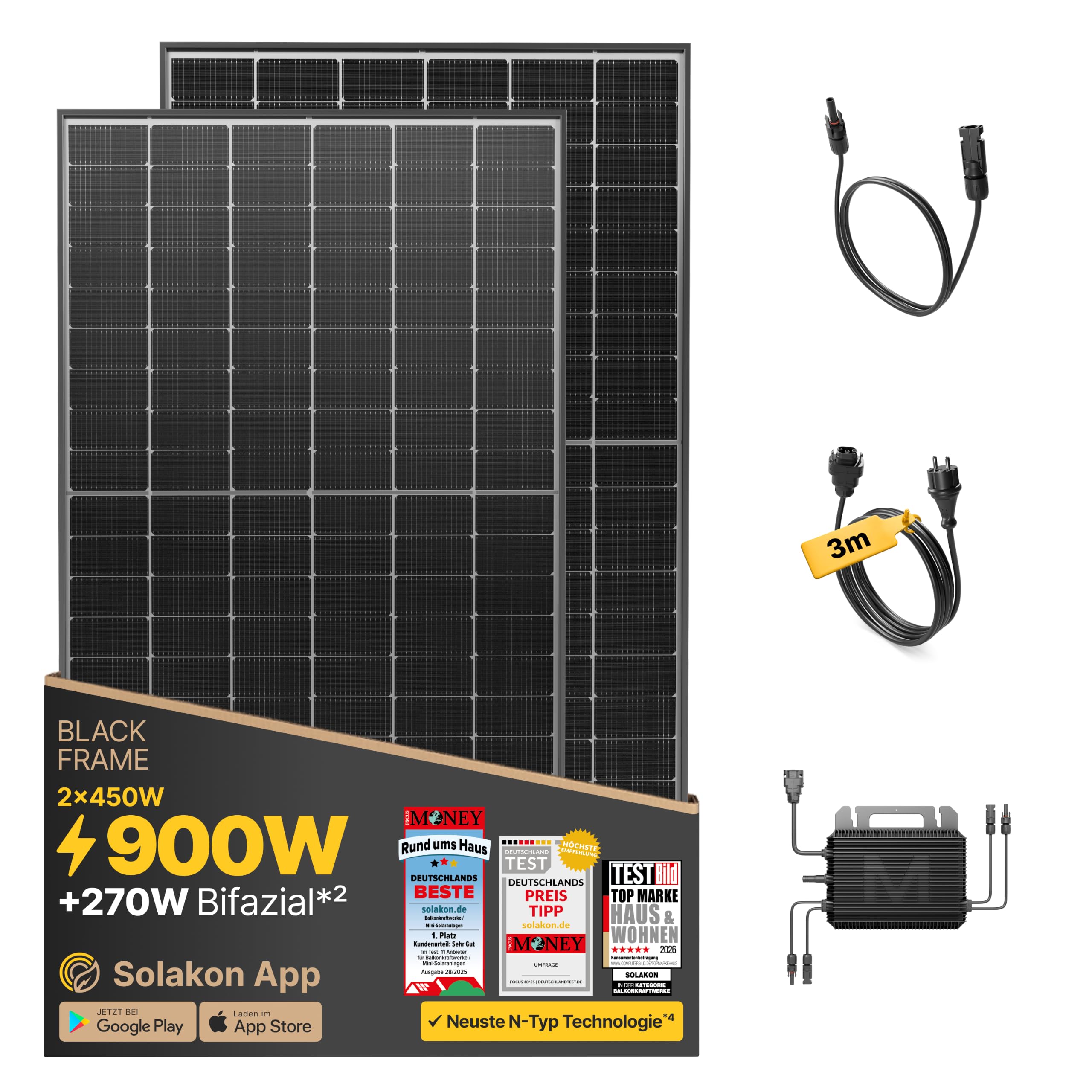 Solakon® 900W Balkonkraftwerk - Balkonkraftwerk 800W komplett Steckdose - neuester 800 Watt Wechselrichter - Solaranlage Komplettset - 450W bifaziale Solarmodule inkl. Zubehör - 3m Kabel