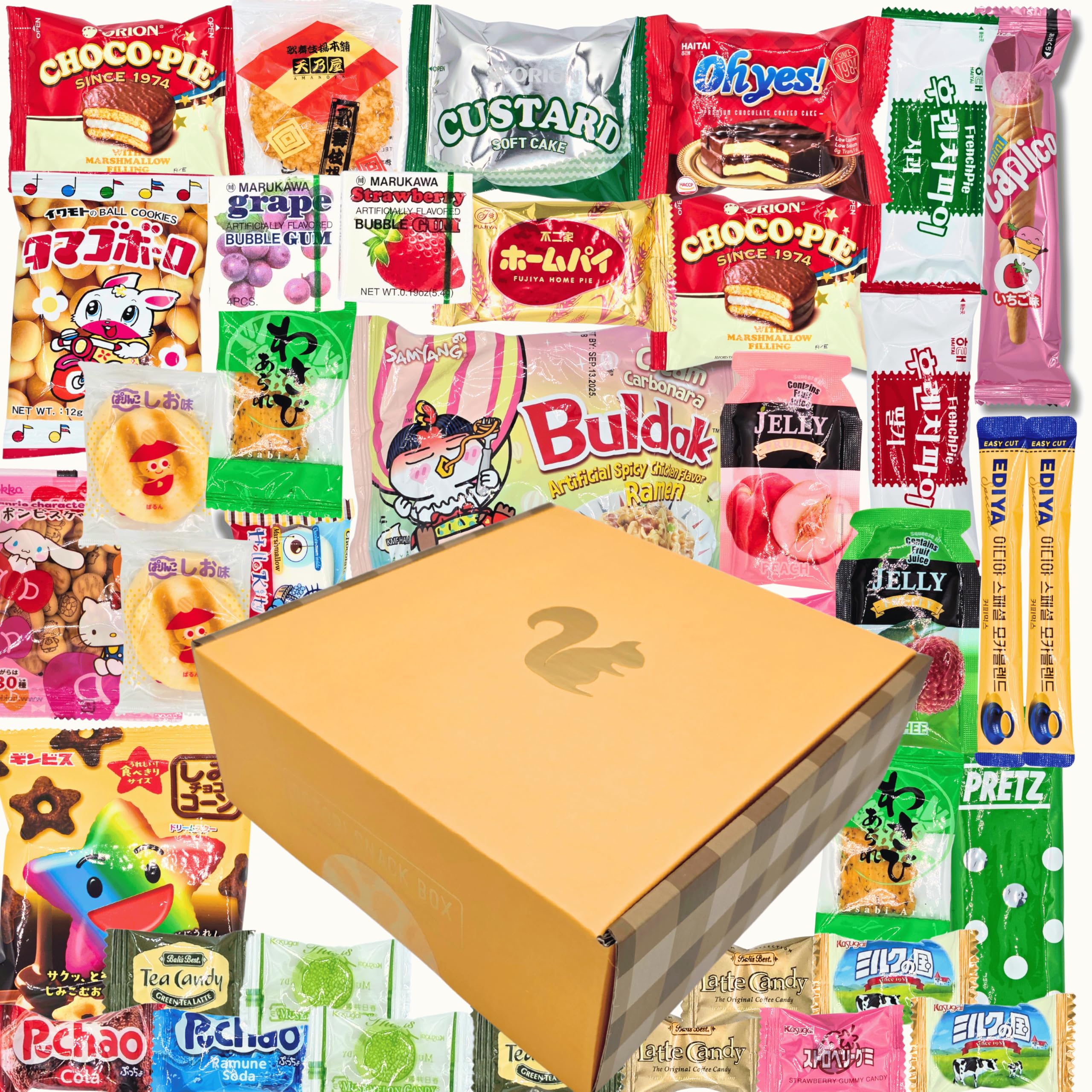 DOTORI SNACK BOX: 35 Count Korean & Japanese Snack Gift Box | Sweet & Savory Exotic Asian Candy, Ramen & Biscuits Variety Pack | Curated Care Package Bundle for Adults, Friends & Family