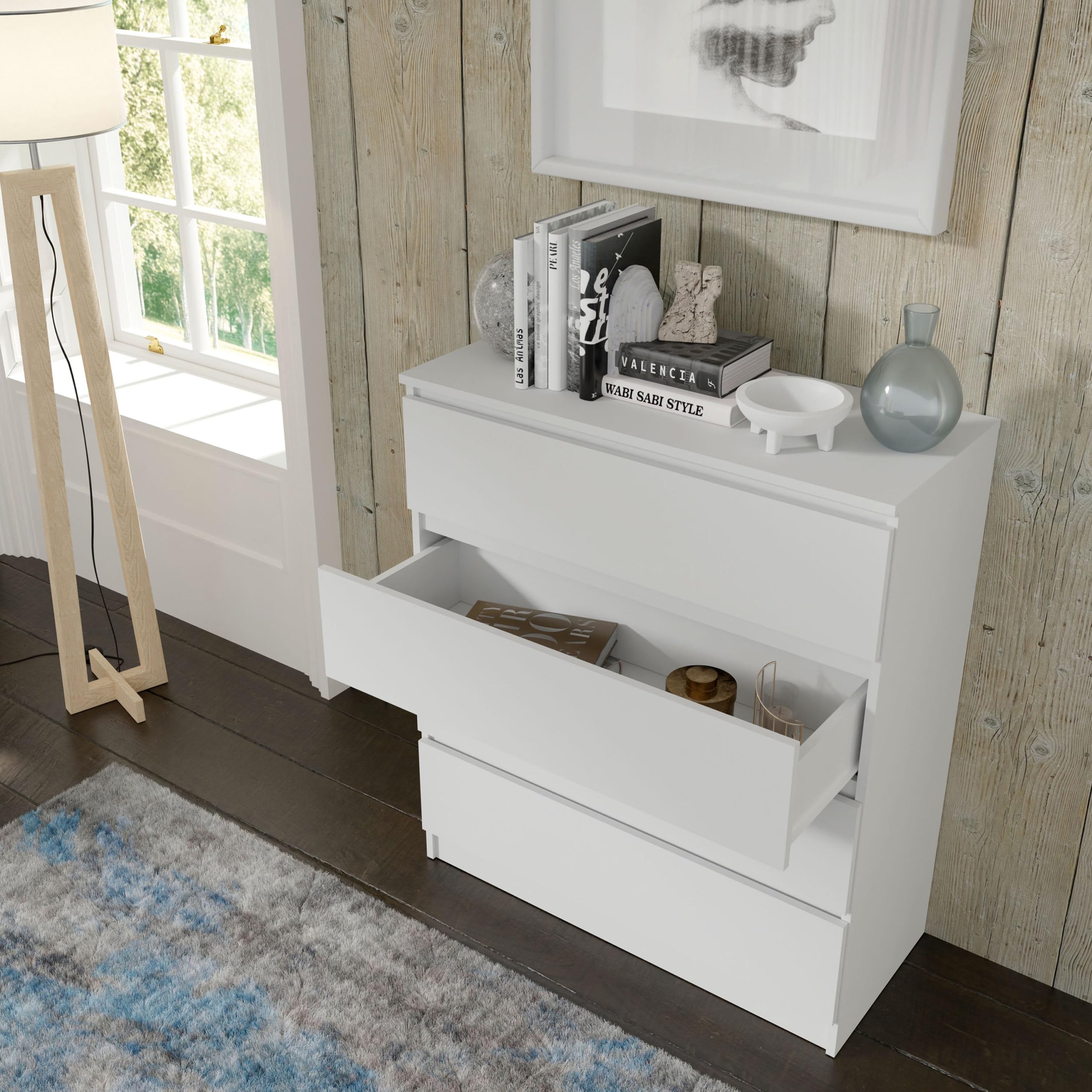 Homlando Cassettiera senza maniglie, cassettiera con 4 cassetti, stabile soggiorno, camera da letto o ufficio, Maia, 40 x 90 x 104 cm, bianco opaco