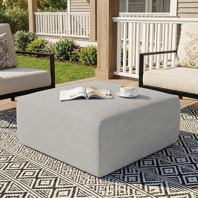 Living&Giving（WALKBON） Square Outdoor Ottoman Pouf, 24" Waterproof Patio Foot Rest, Light Gray