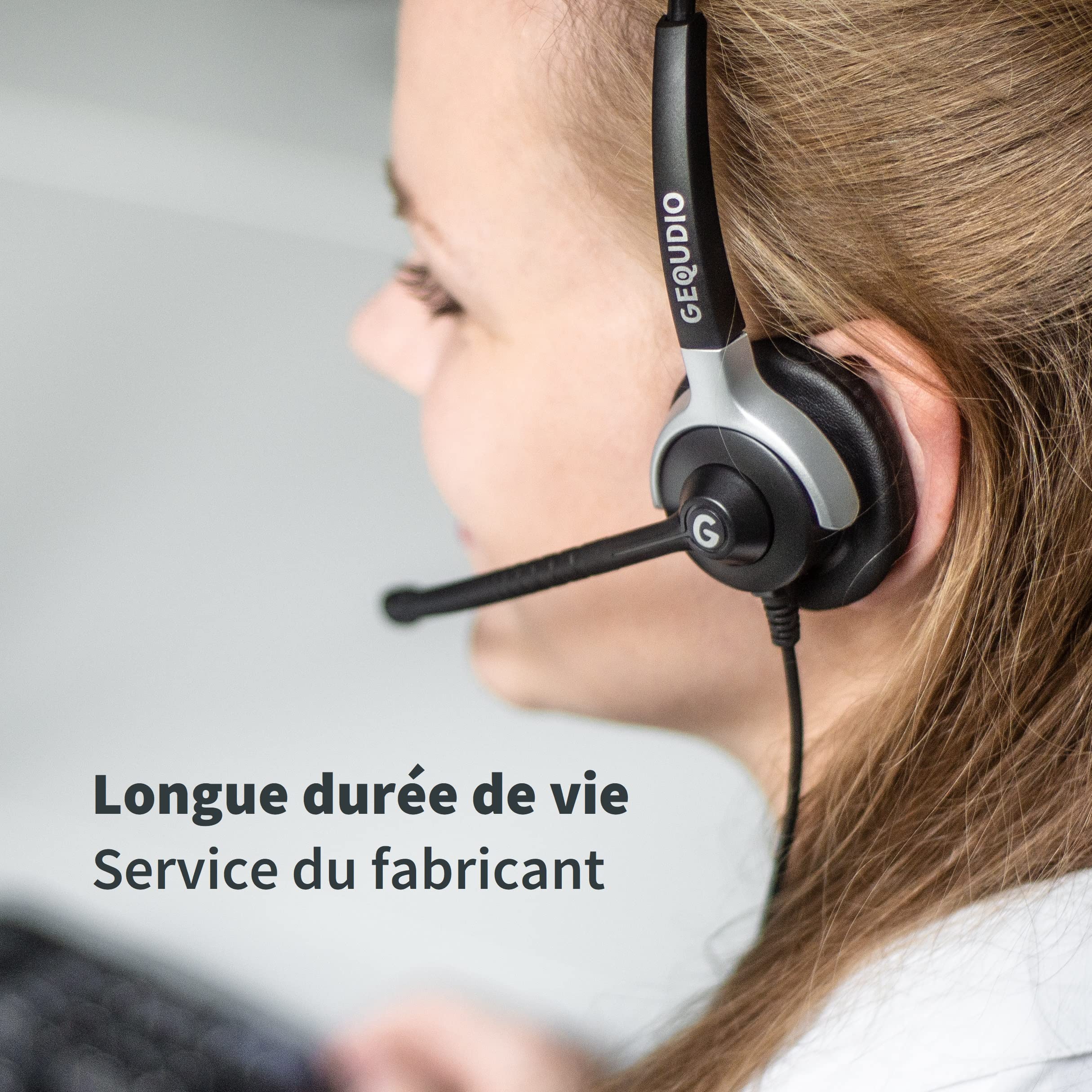 GEQUDIO Casque Filaire avec Embout 2,5mm Jack Compatible avec téléphones Gigaset Cisco Spa Panasonic Grandstream et Polycom - Câble de raccordement Inclus - Très léger: 60g