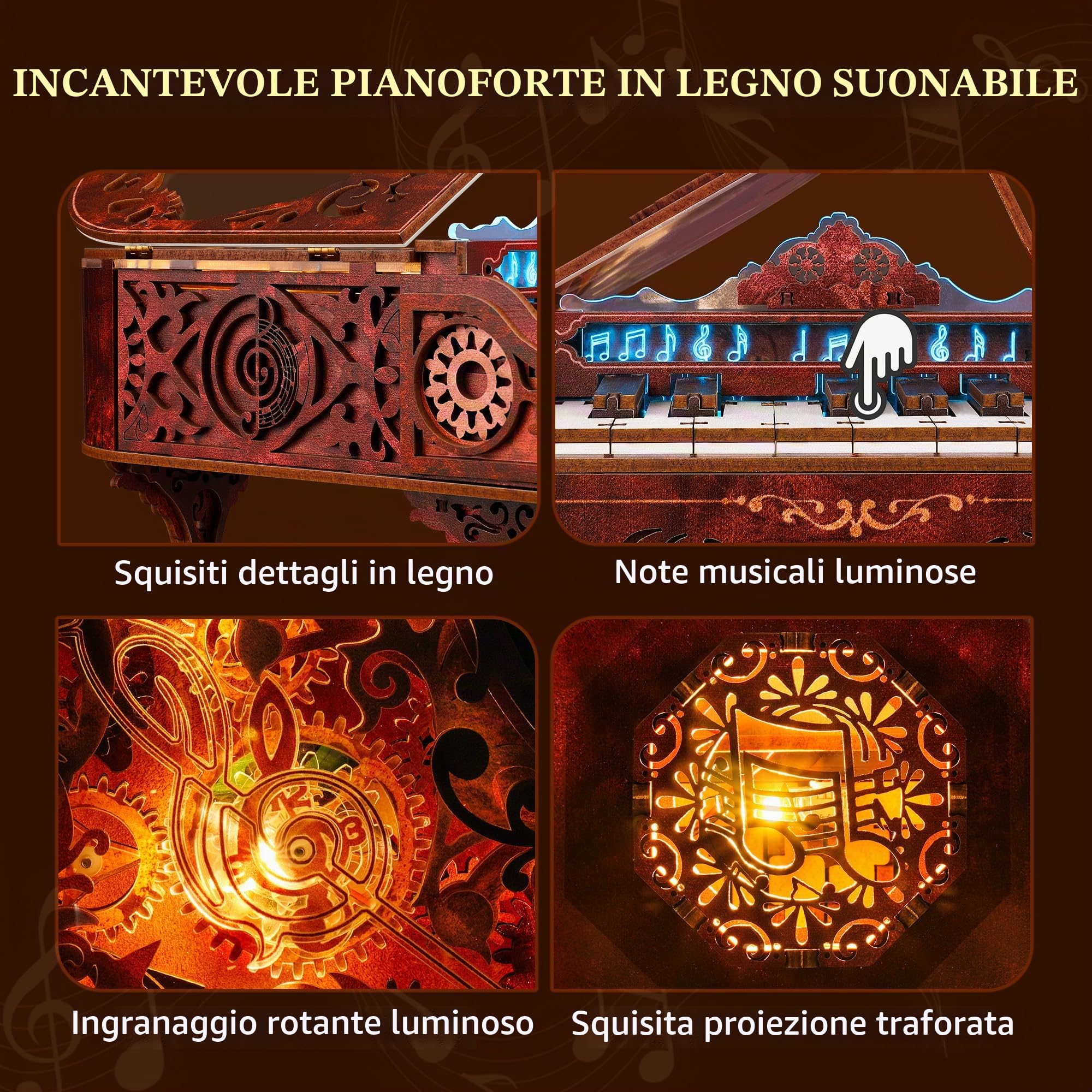 FUNPOLA Kit Puzzle Piano in Legno 3D con LED, Modello di Tastiera in Legno Funzionante con Luci LED, Kit di Artigianato Interattivo e Puzzle di Pianoforte Digitale per Adulti （14+）