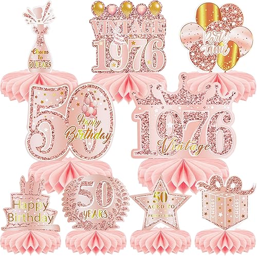 9 piezas de decoración de 50 cumpleaños para mujeres, decoración de mesa de 50 cumpleaños feliz, decoraciones de mesa de panal en color oro rosa,
