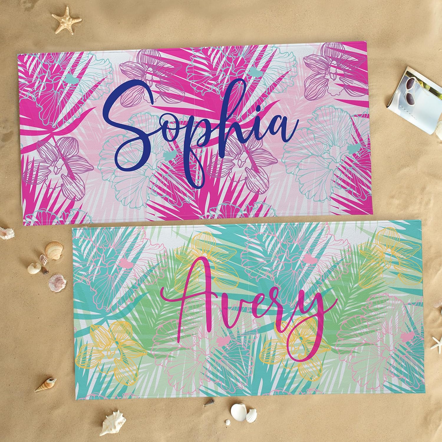 Let's Make Memories Personalized Beach Towel - Custom Pool Towel for Her - Cotton/Poly Blend - Oversized - Pink Tropical Palms