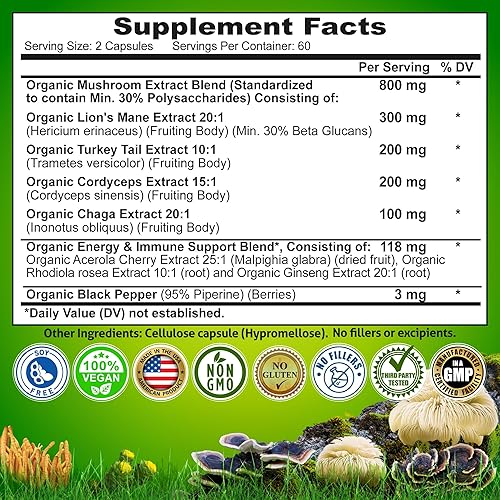 Miniatura 6 de Complejo orgánico de hongos: melena de león, cola de pavo, cordyceps, chaga, contiene beta-glucanos naturales - Mezcla de energía orgánica y apoyo