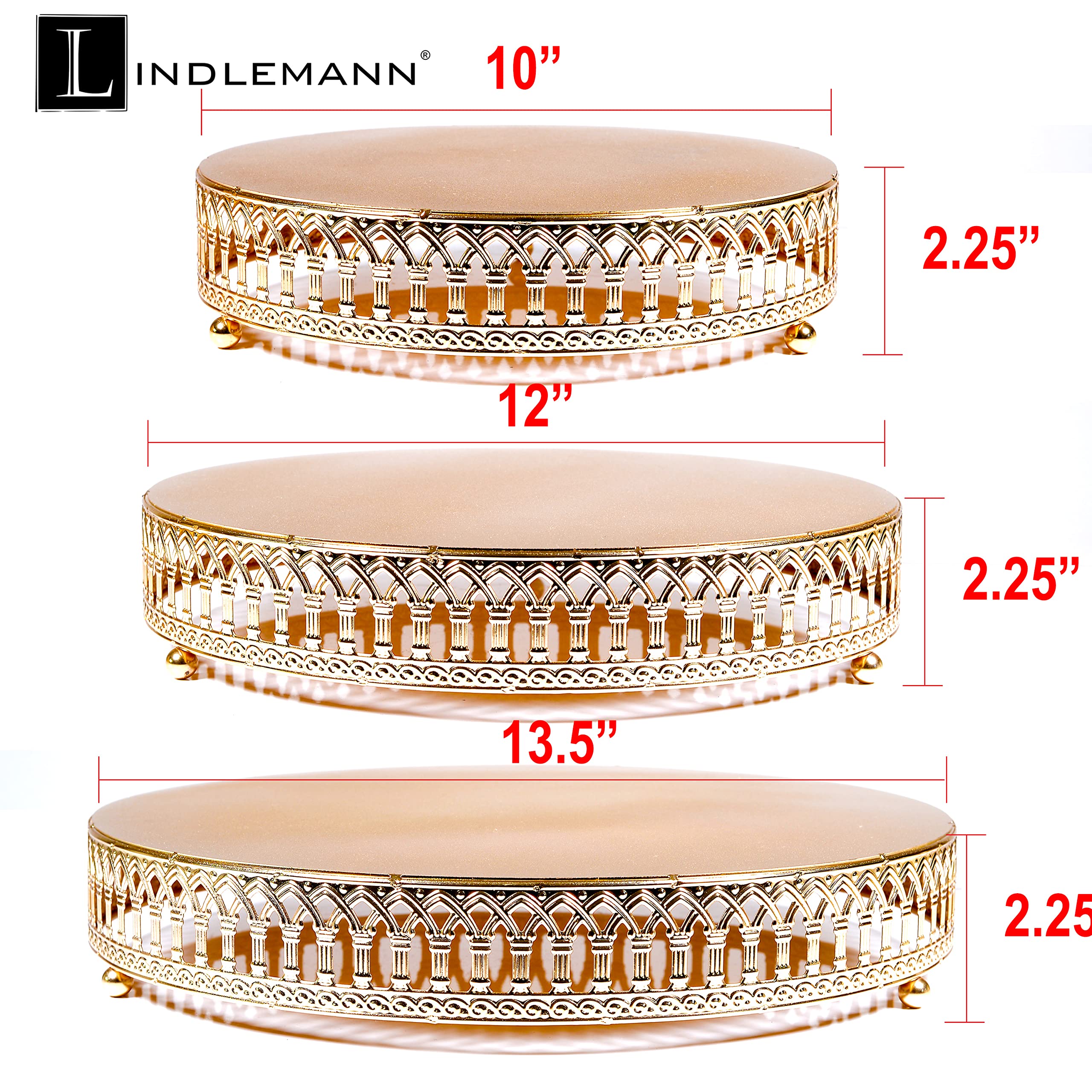 LINDLEMANN - Roman Cake Stand - Decorative Metal Cake Holder with Spatula - Set of 3 Serving Plate Dessert Table Display - Easter Celebration Dessert Tray - Rose Gold (10+12+13.5in)