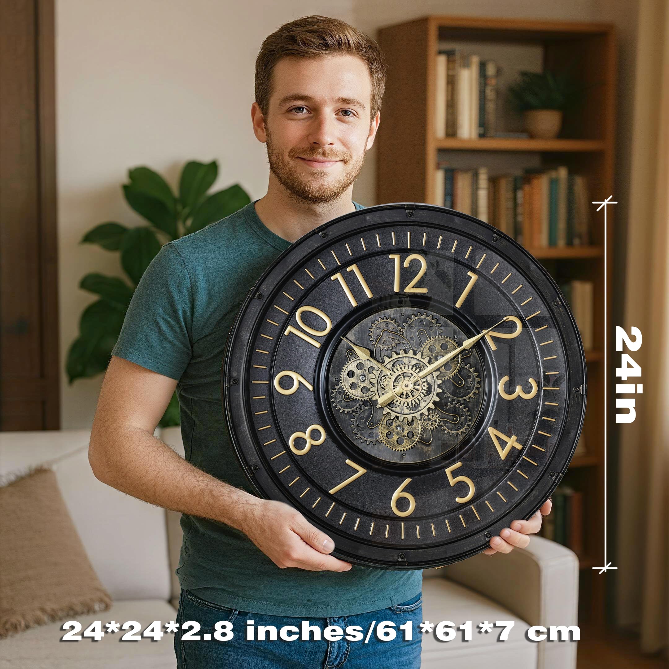 AYRELY® 24IN Decorative Moving Gear Large Wall Clock, Oversized Industrial Steampunk Gears, Big Numerals Wall Clock for Modern Living Room Decor (Black) : Home & Kitchen