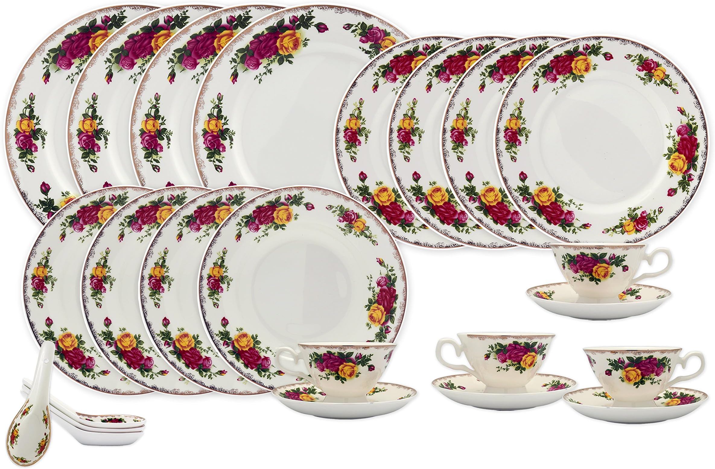 TransSino Treasures Bone China 24 Piece Dinnerware Set English Rose Designs, Service for 4