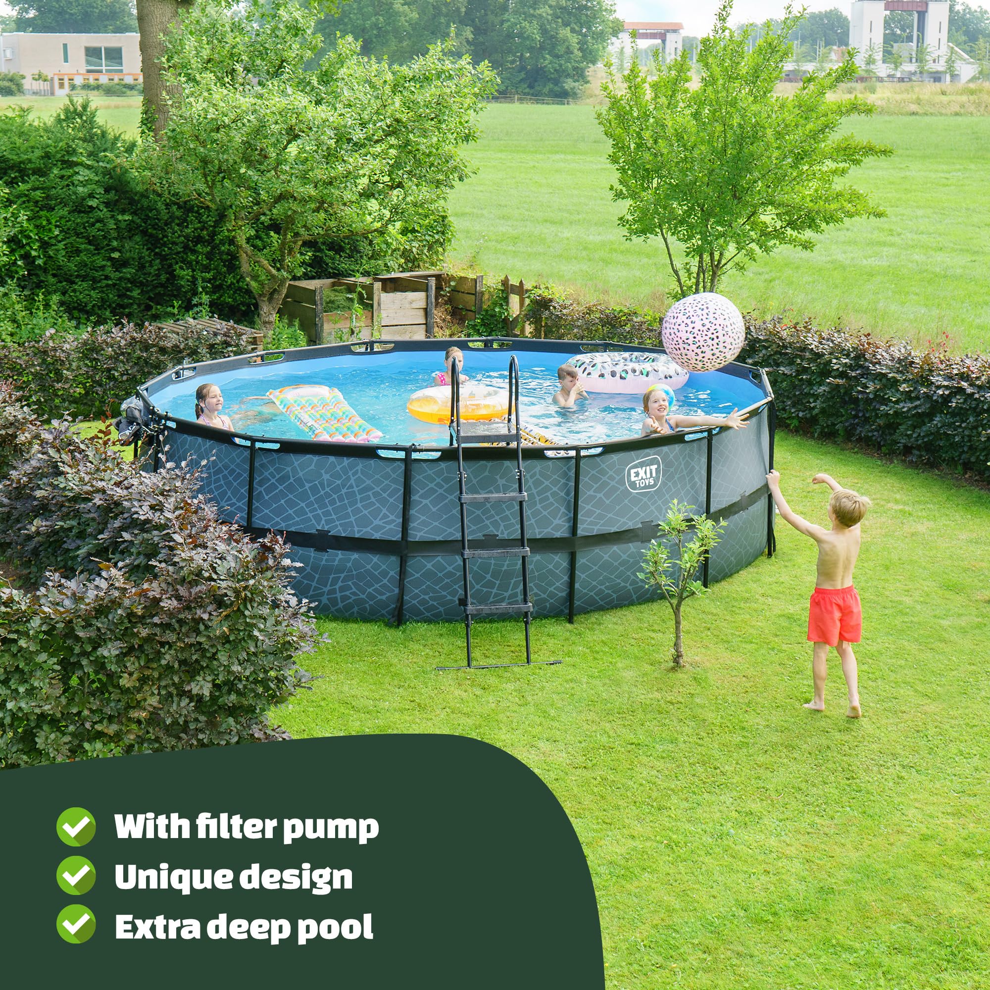 EXIT Toys Wood Pool - ø488x122cm - Piscina de Marco Redondo Grande con Bomba de Filtro de Cartucho - Piscina Extra Profunda - Marco Robusto - Incluye Escalera de Piscina - Diseño Único - Marrón