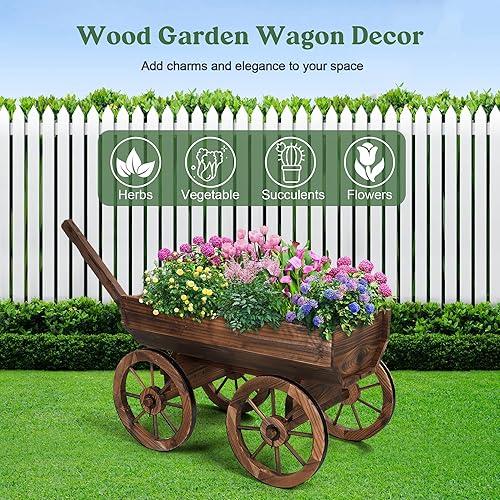 Miniatura 8 de OIPRTGFJ Wood Wagon Planter for Outdoor Balcony Decor - Garden Rustic Wooden Flower Cart with Wheels for Outside Garden Decor Wheelbarrow Planter