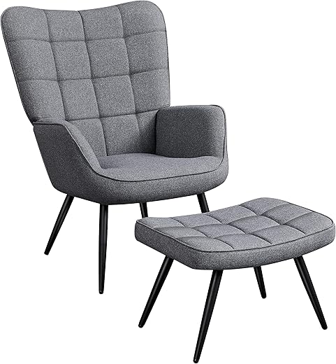 Yaheetech Relaxsessel mit Hocker Lehnstühle Vintage Retro Sessel Polstersessel Ohrensessel fürs Wohnzimmer Dunkelgrau
