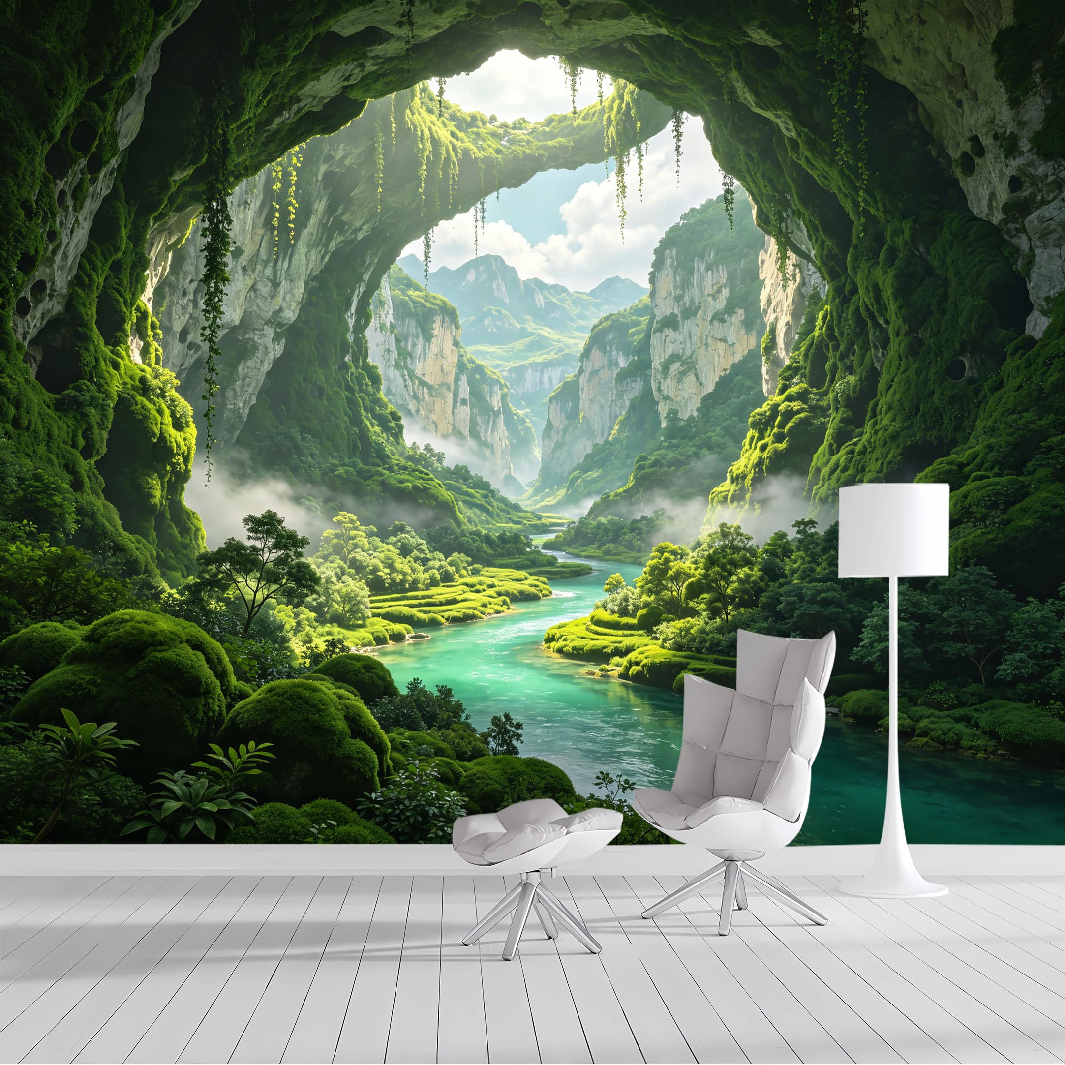 Custom Size Wall Mural Lush Green Forest River Canyon Landscape Nature Scenic View SelfAdhesive Wall Fabric Removable Peel and Stick Wallpaper Wall Decor for Living Room Bedroom Bathroom