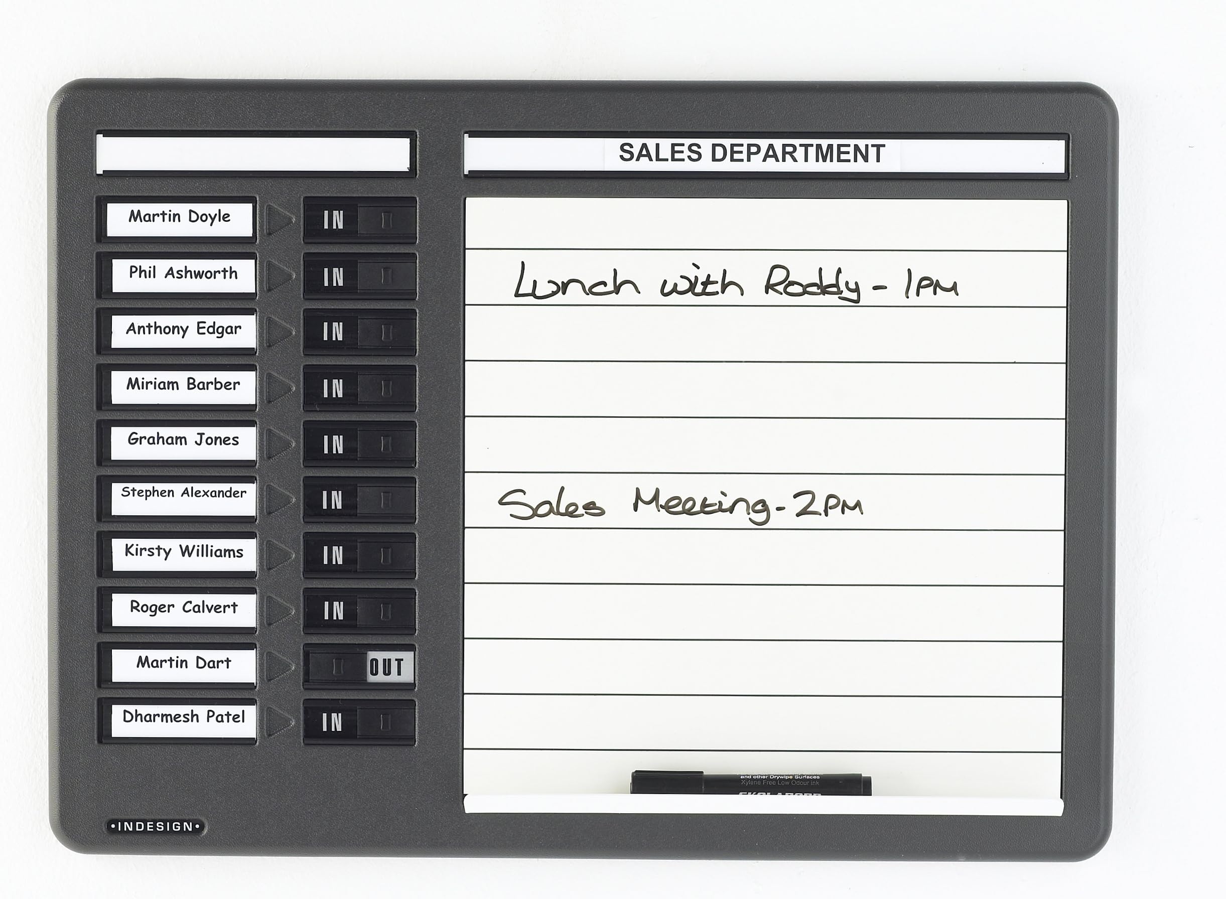 In Out Board + Whiteboard Message Centre - Holds 10 Staff Names