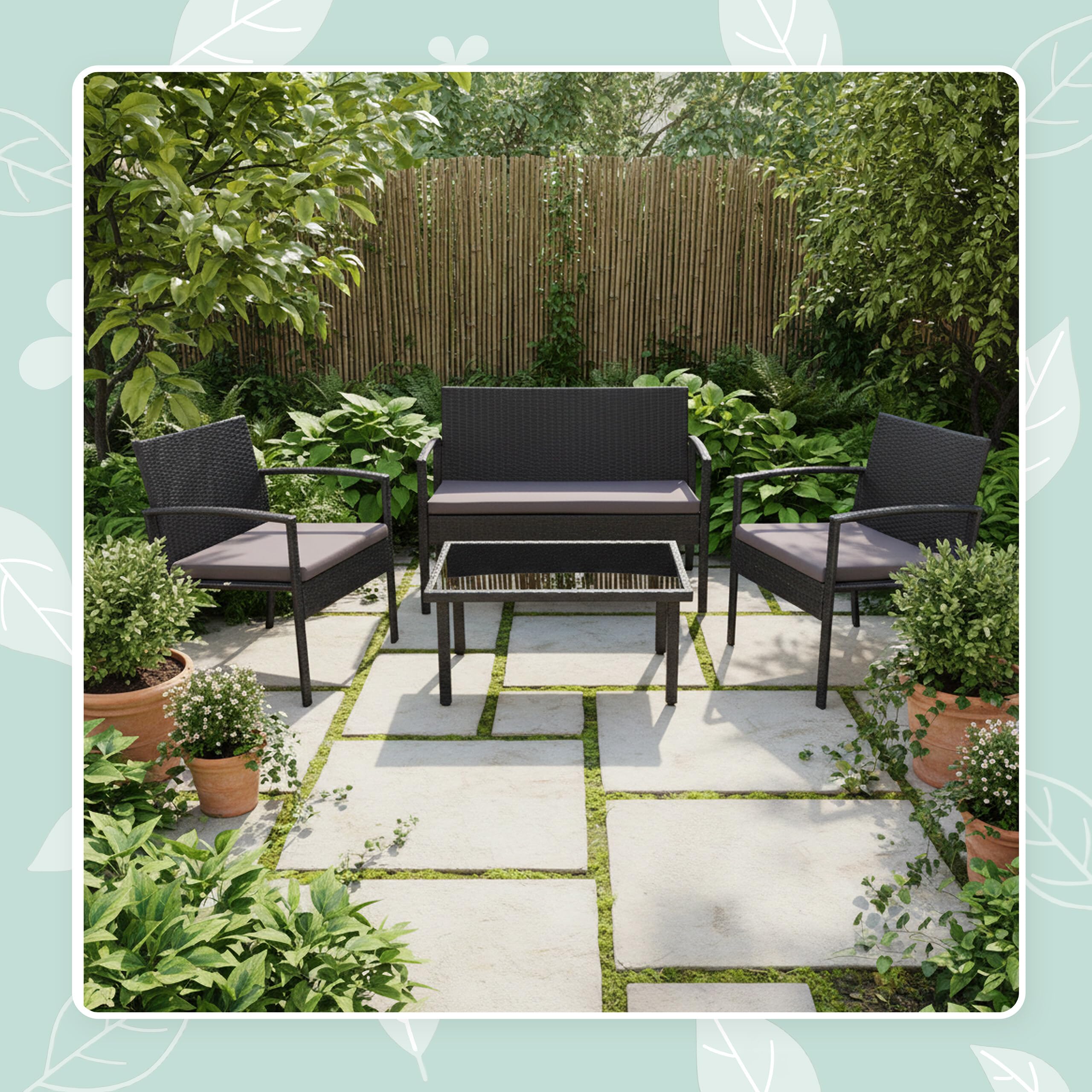 Relaxdays Ensemble Jardin 4 pcs, rotin synthétique, Noir, Banquette 2 Places, 2 chaises, Table Verre, 4 pers.