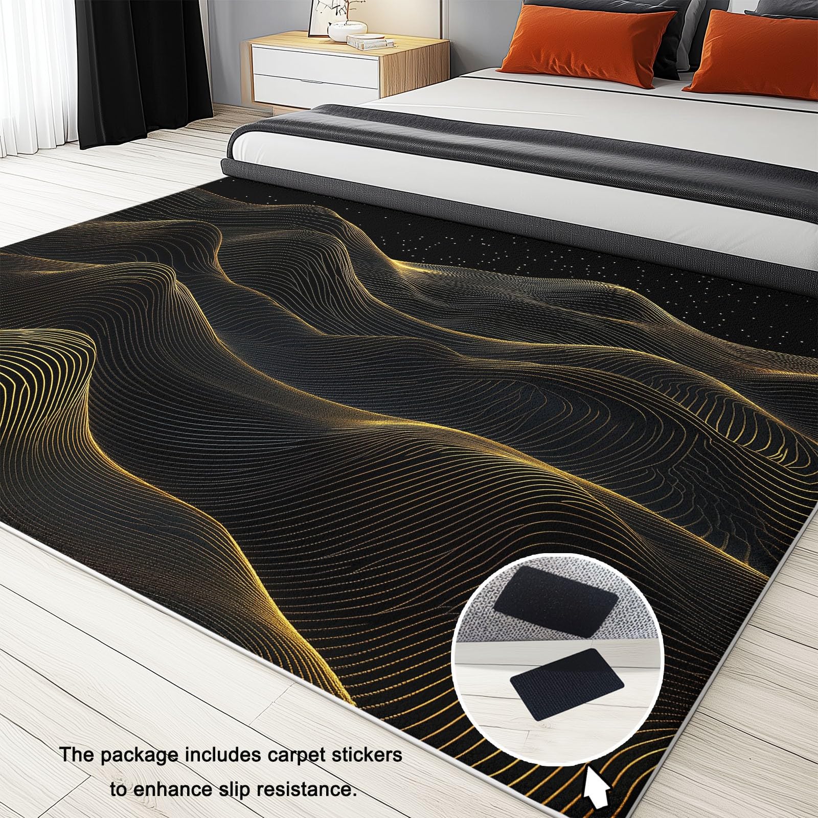 Tapis Poils Courts Moderne 120x180cm Vagues Abstraites en Or Noir Tapis Salon Lavables Antidérapant Doux, Effet Impression 3D, pour Chambre Cuisine Salle à Manger Bureau