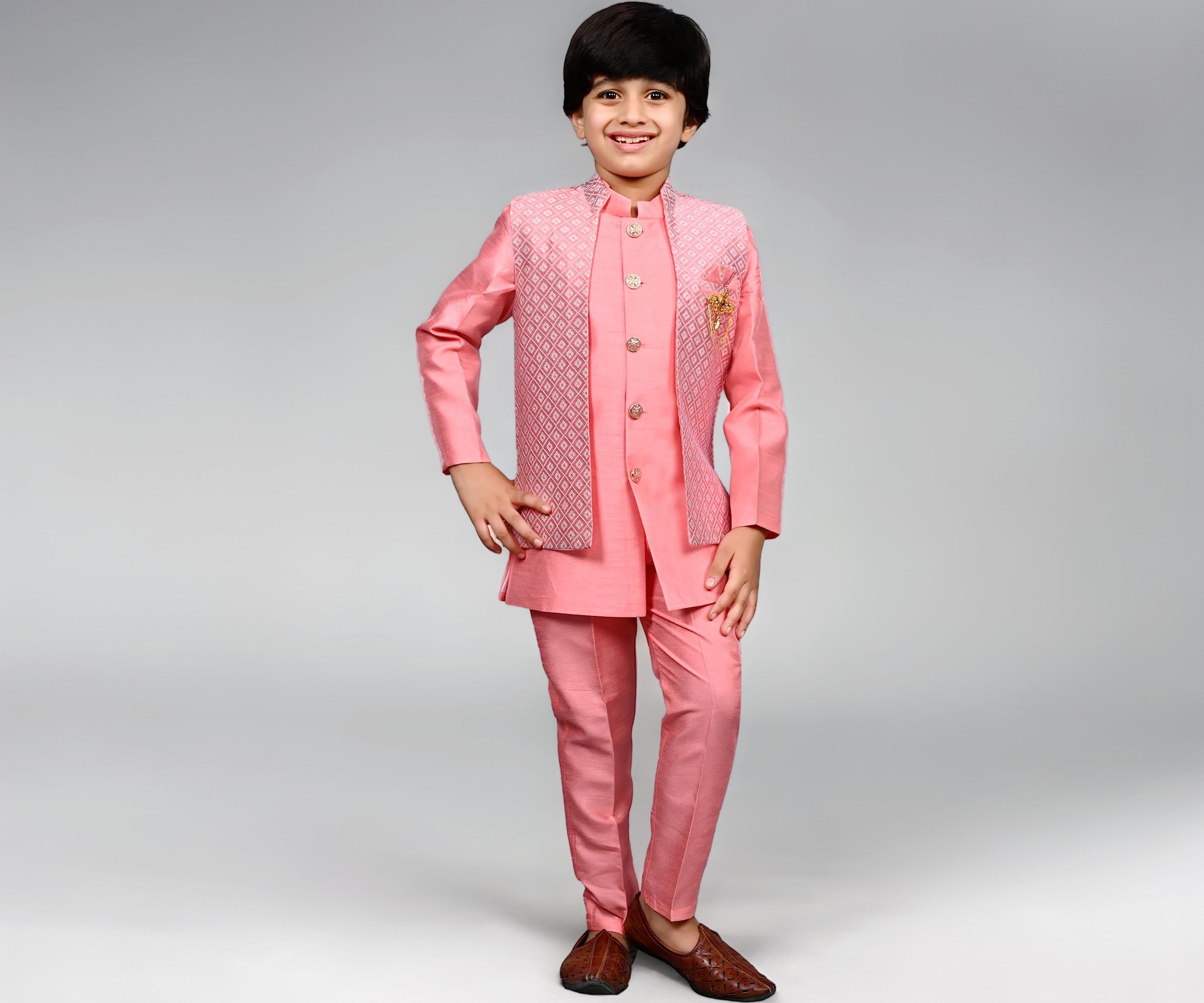AHHAAAA Kids Ethnic Silk Blend Waistcoat Kurta Pyjama 3 Piece Sherwani Set For Boys |540|