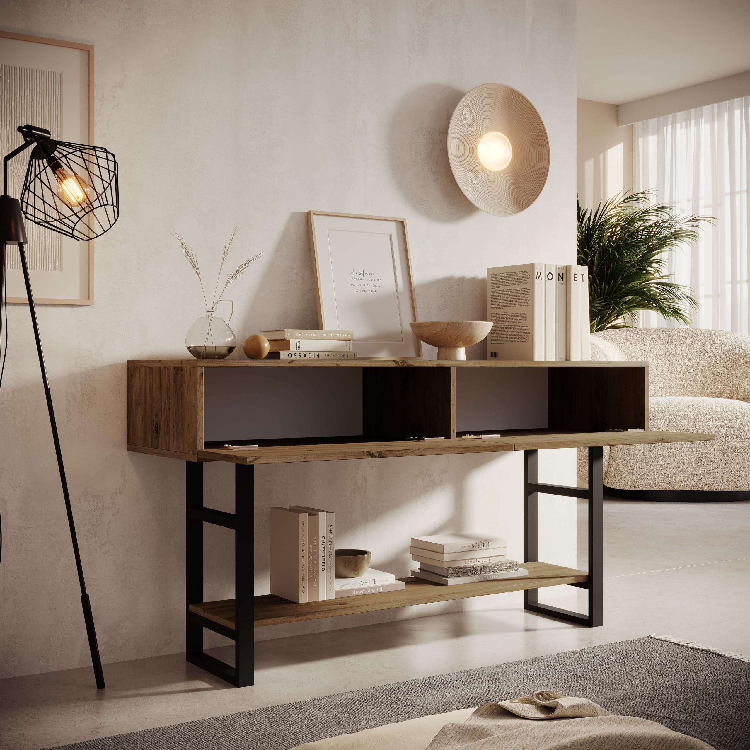 MB Muebles Bonitos, Meuble d’Entrée Factory R1 Design Industriel, Console pour Entrée, Structure en Acier Noir Mat, Mélamine Couleur Pin Atlantique, 139x75x43 cm