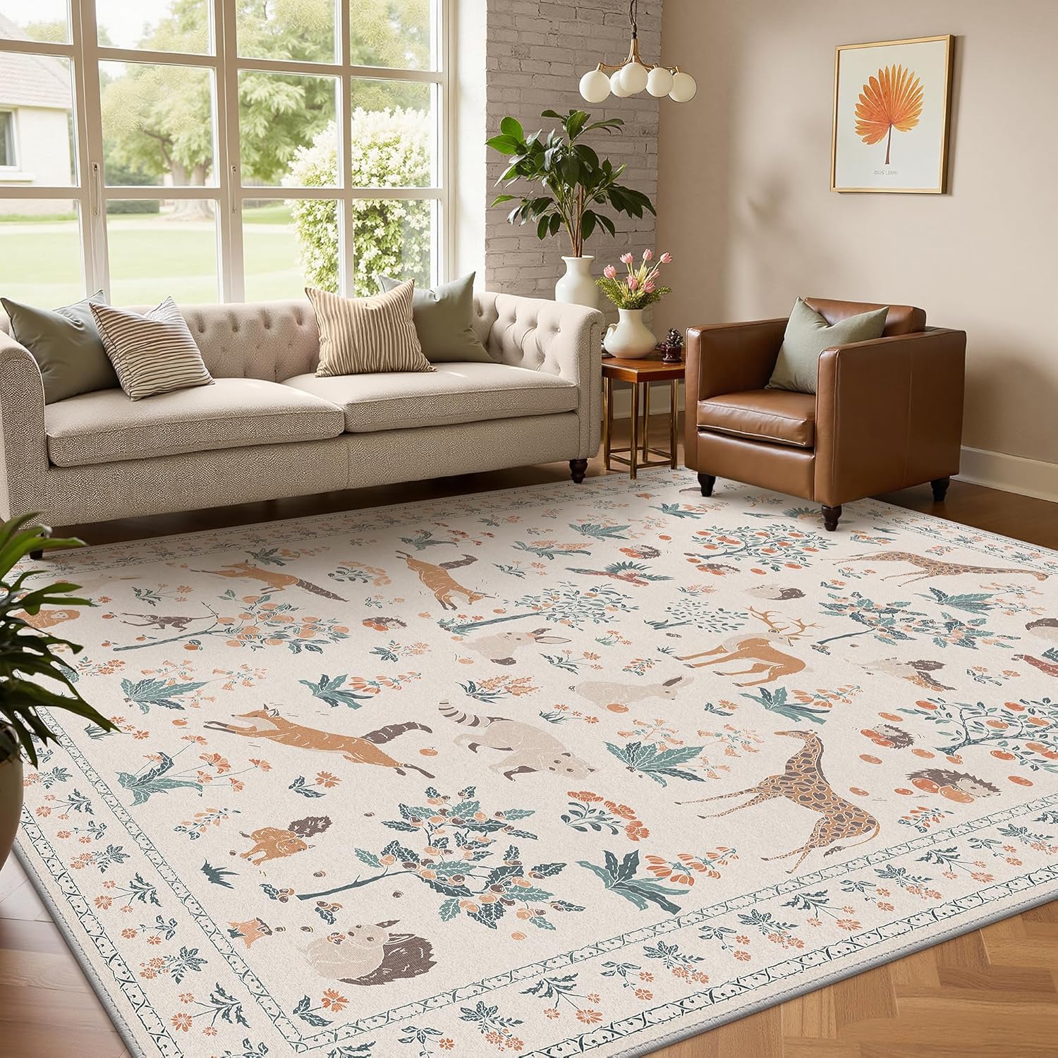 Woodland Animal Rug 8x10 Washable Area Rug Soft Low Pile Non Slip, Nature Inspired Large Carpet for Living Room, Kids Playroom, Nursery, Office (Beige, 8'x10') 8' x 10' (Rectangular) Beige