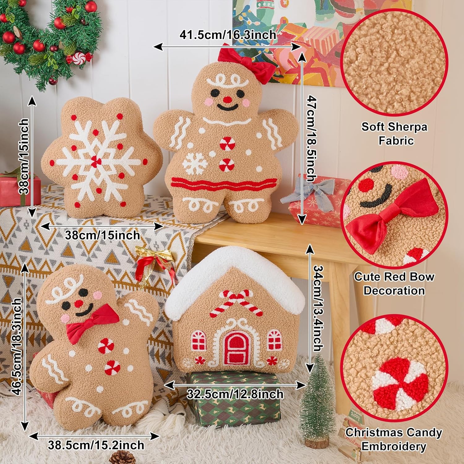 Lanpn Christmas Gingerbread Pillows Set of 4, Christmas Decoration Winter Plush Throw Pillows Soft Fleece Sherpa Cute 3D Shaped Ginger Bread Throw Cushion for Sofa Bedroom Xmas Decor