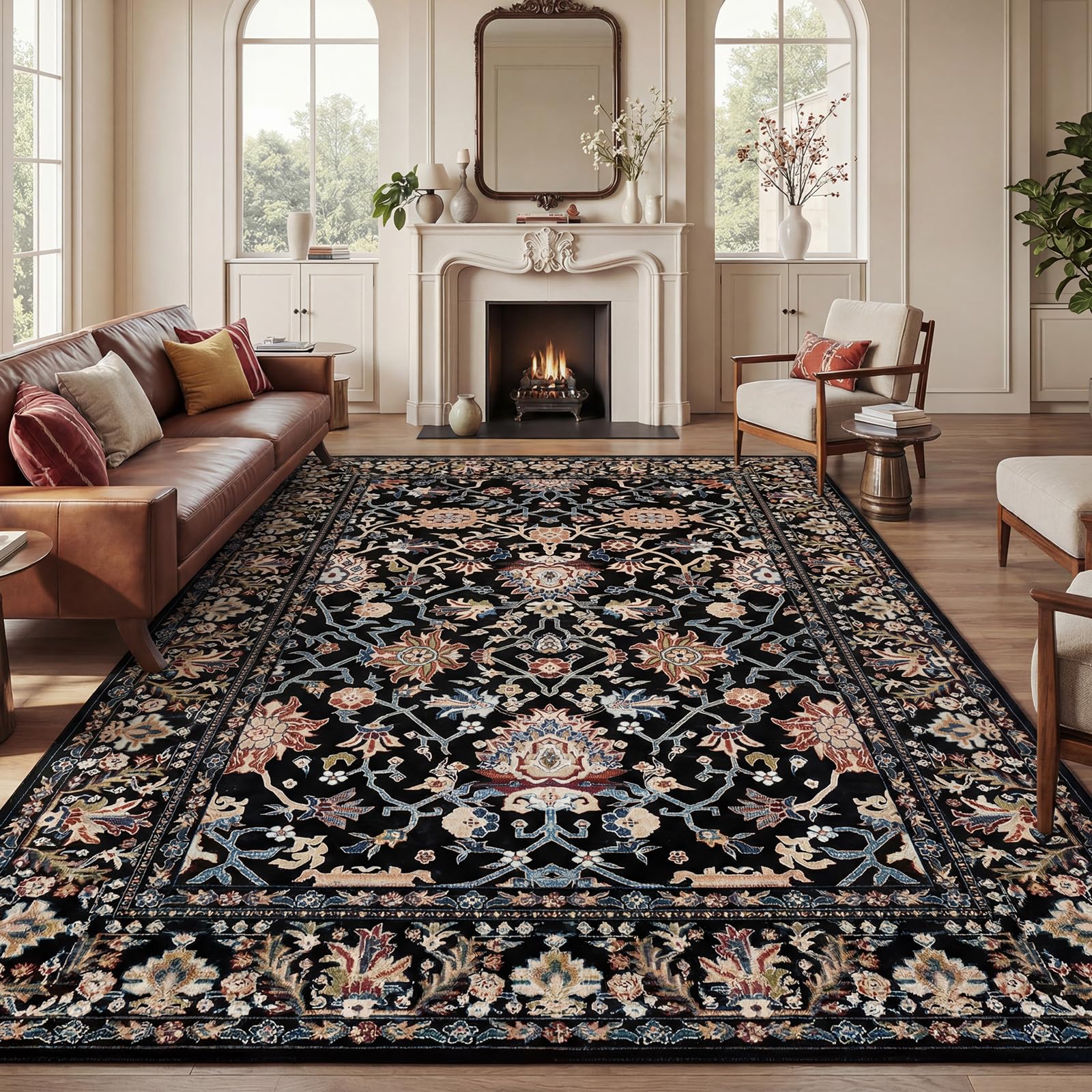 Warmstar Rugs Living Room 150x210cm,Washable Non Slip Area Rugs for Bedroom,Vintage Persian Floral Vine Faux Wool Low Pile Carpet for Living Room Bedroom Dining Room, Black Multi