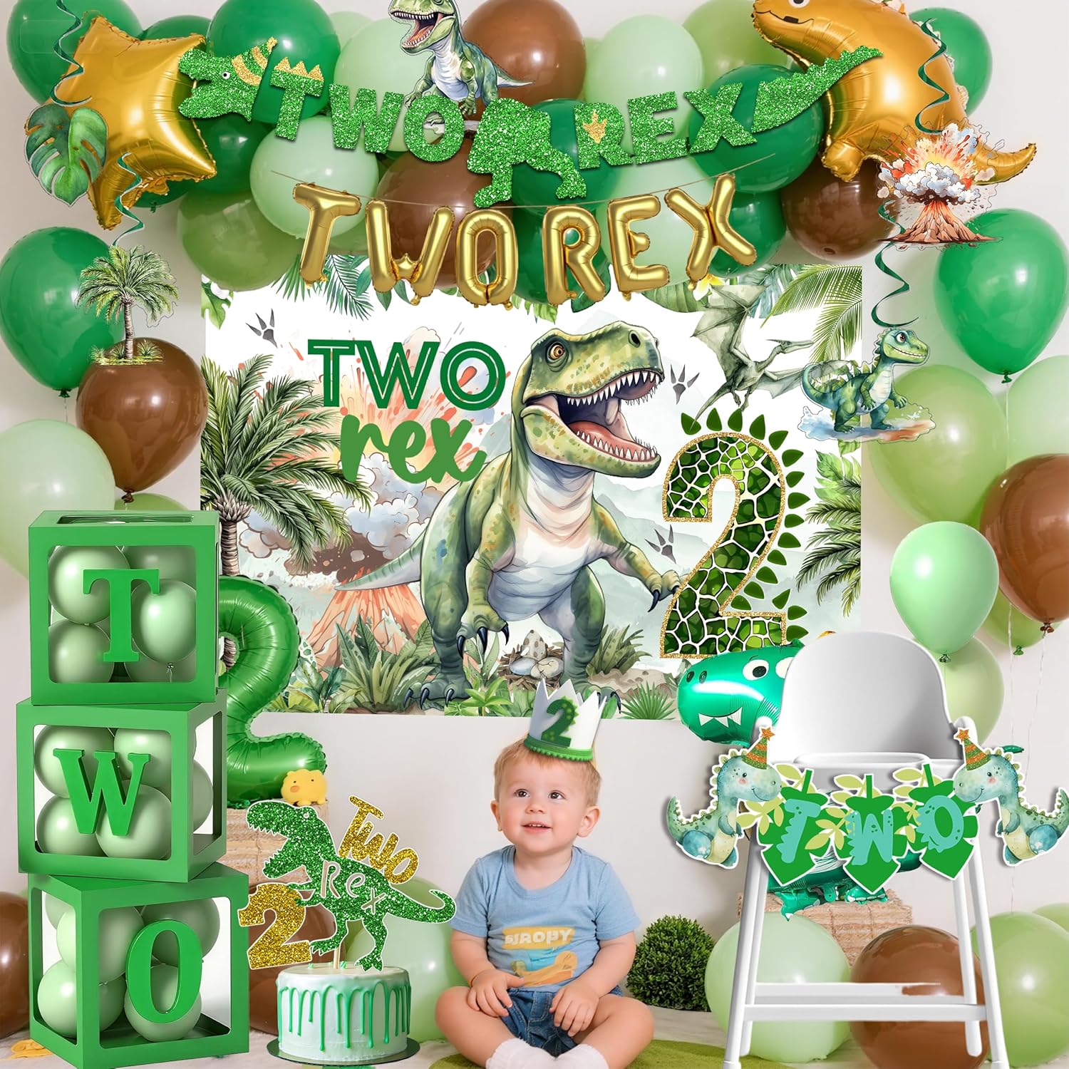 Two Rex Birthday Decorations Boy,Dinosaur 2nd Birthday Party Decorations Boys ,2 Rex Dinosaur Dino Party Decor Supplies - Backdrop, Banner, Tablecloth, swirls, balloon box
