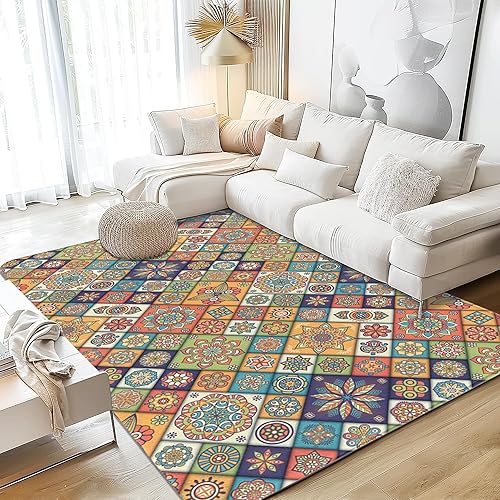 Miniatura 11 de Alfombra retro bohemia chic de 5 x 7 pies, lavable grande para sala de estar, ultra suave, antideslizante, alfombra de dormitorio, alfombra tribal