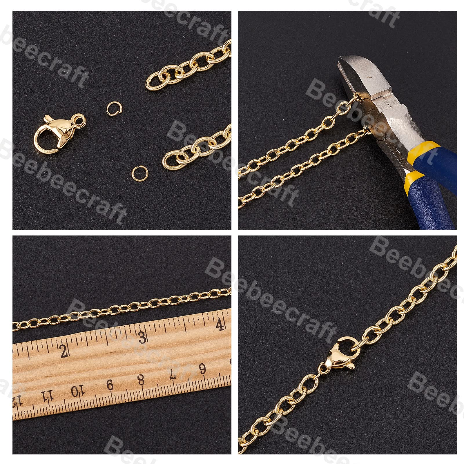 Beebeecraft Catene Portacavi In Ottone Da 16.4 Piedi Catena A Maglie Ovali Piatte Placcate In Oro 18K con 20 Chiusure A Moschettone e 50 Anelli di Salto per Creazione di Braccialetti Orecchini Collana