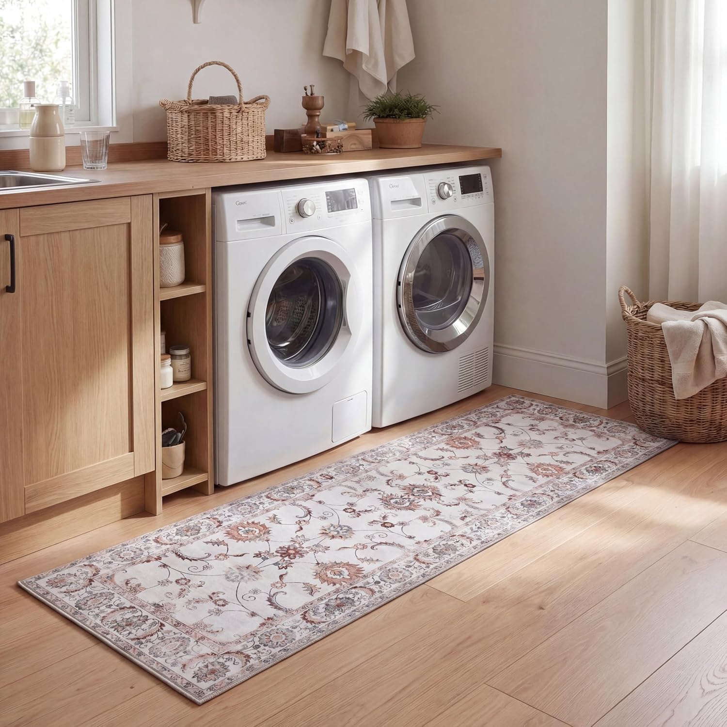 JONATHAN Y Ultra-Soft Machine-Washable Rug with Non-Skid Backing, Cream/Terra 2'x8' Arabella Vintage Floral Border, Non-Shedding, Velvet Luxury Feel for Living Room, Dining Room, Bedroom (VOR107E-28)